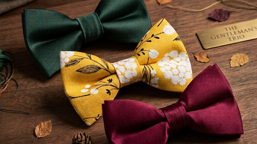 Fall bow ties in emerald green, mustard yellow and burgundy sitting on a table with fall accessories.