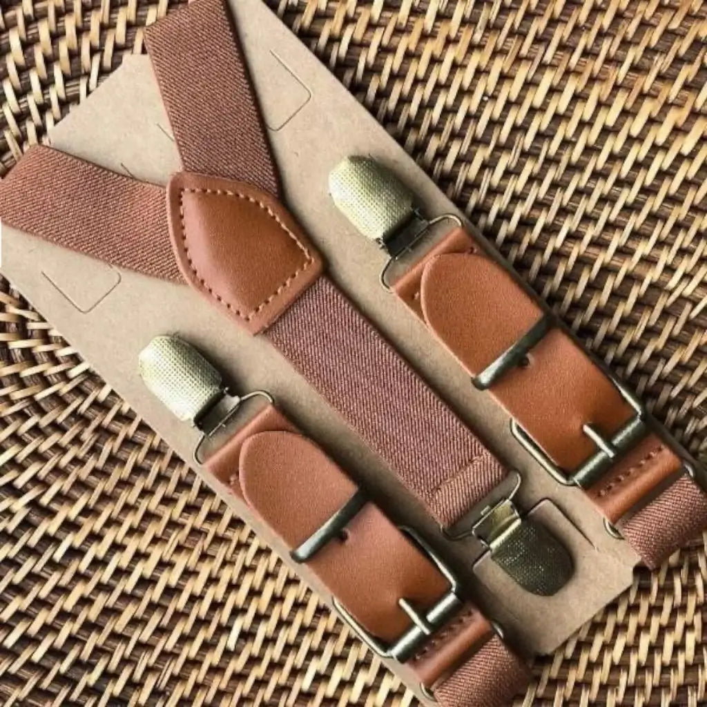 mens leather suspenders in brown