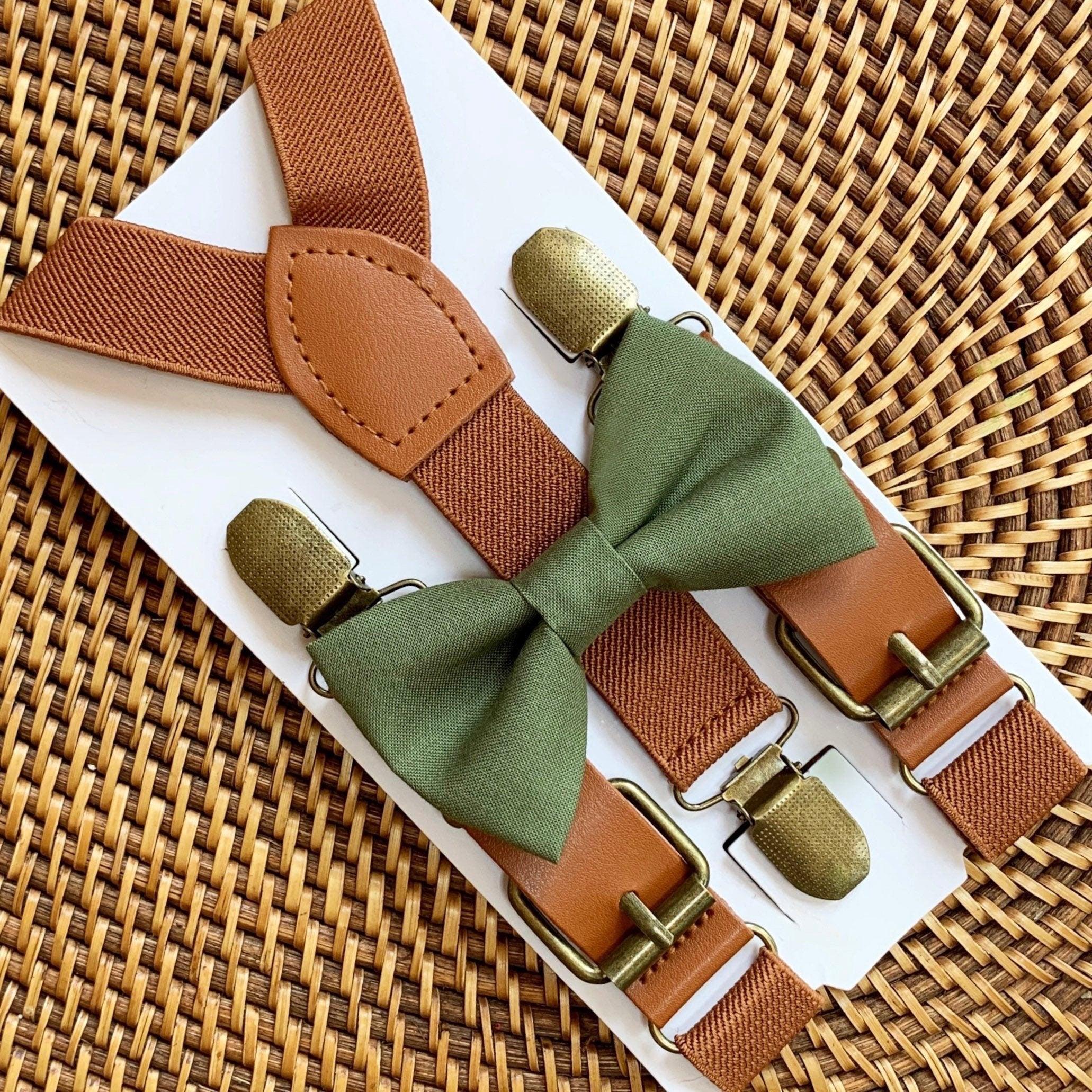 Olive Green Bow Tie & Brown Elastic & Vegan Leather Buckle Suspenders with Brass Clips