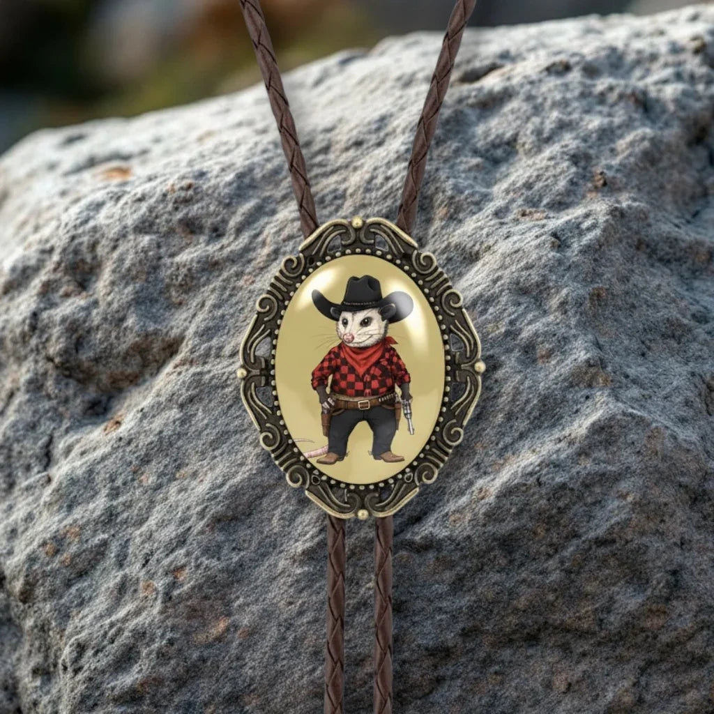 Cowboy-themed bolo tie on a textured stone surface