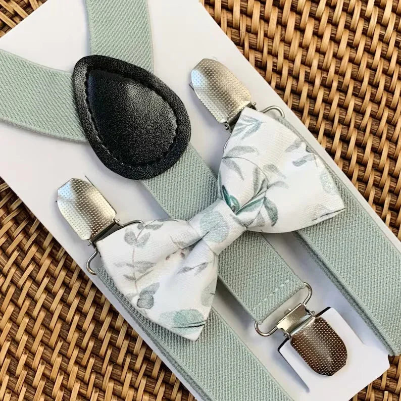 Sage Floral Bow Tie & Sage Green Suspenders Set