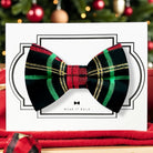 Tartan Plaid Bow Tie for Dog Collar or Cat Collar- Red Green & Gold in front of a Christmas tree