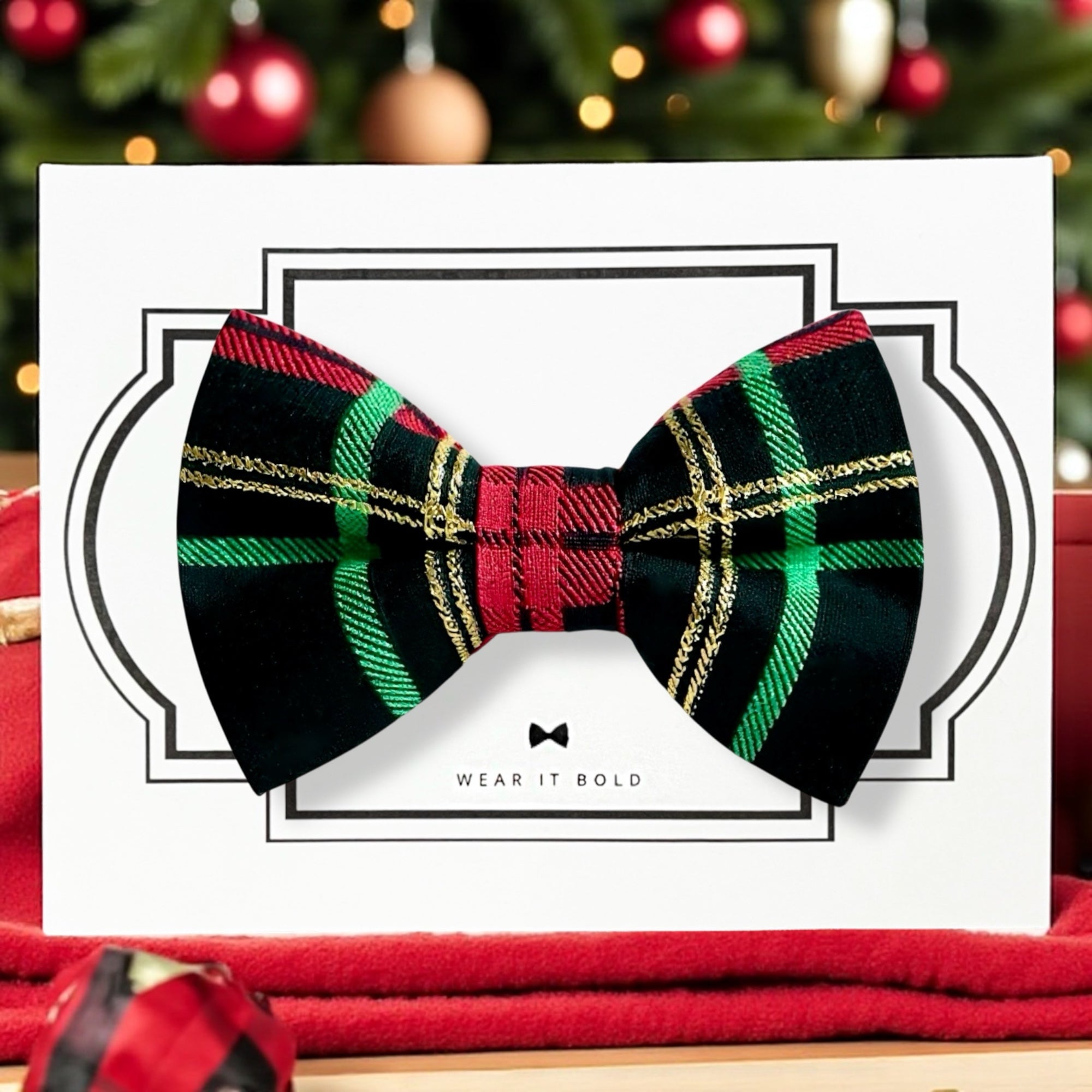 Tartan Plaid Bow Tie for Dog Collar or Cat Collar- Red Green & Gold in front of a Christmas tree
