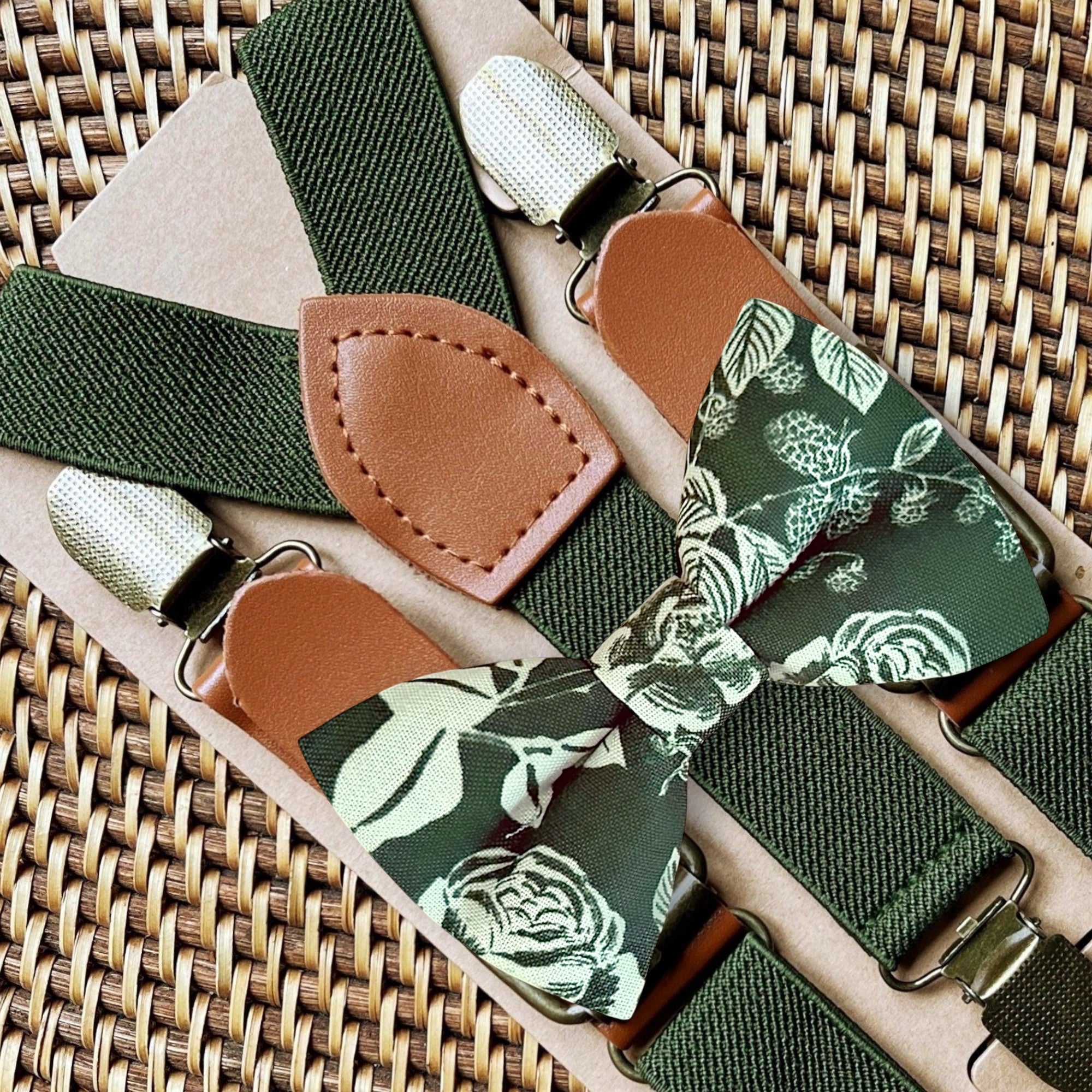 Olive green Floral Men’s Bow Tie & Olive Suspenders for wedding, ring bearers and groomsmen.