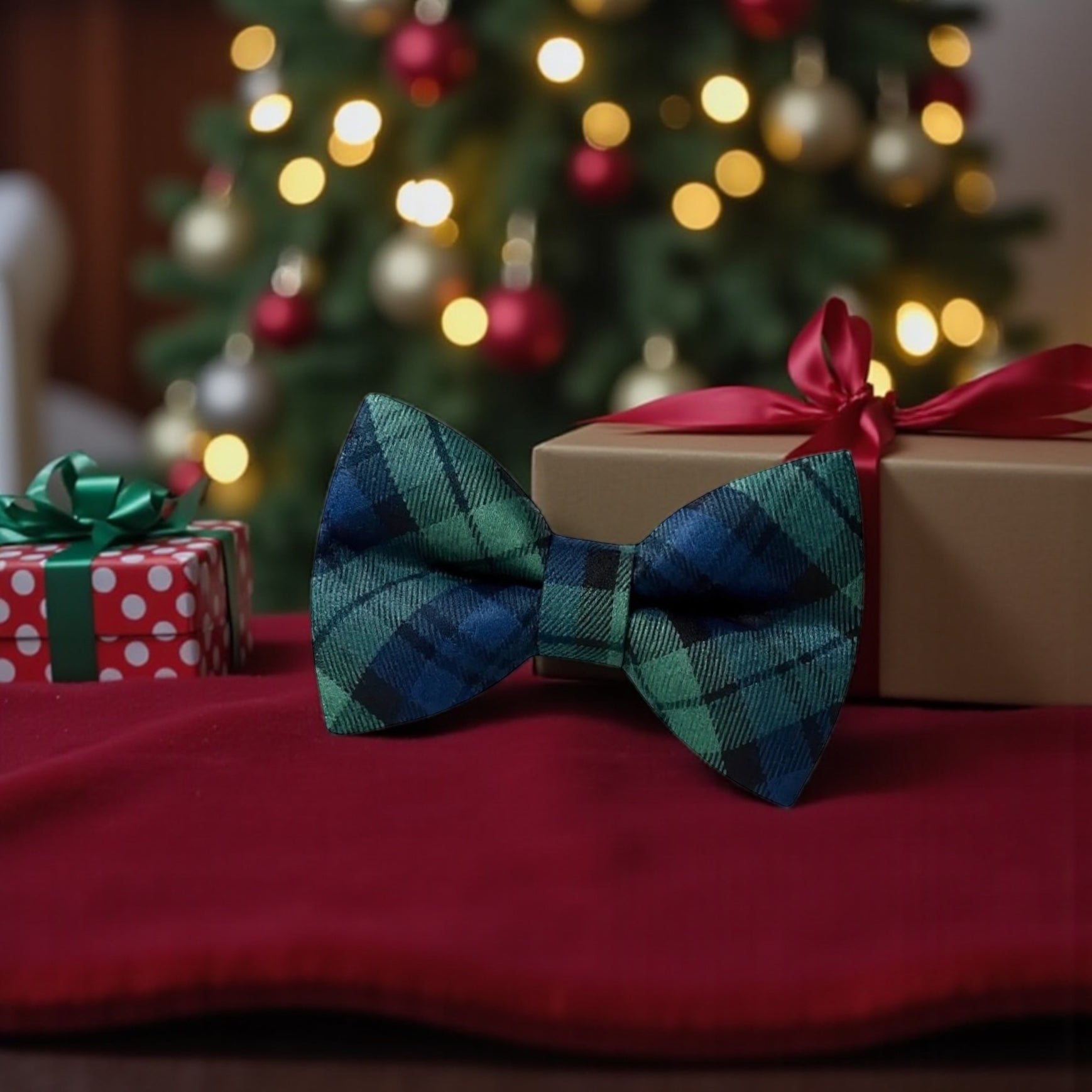 Plaid bow tie on a red surface with Christmas tree and presents in the background