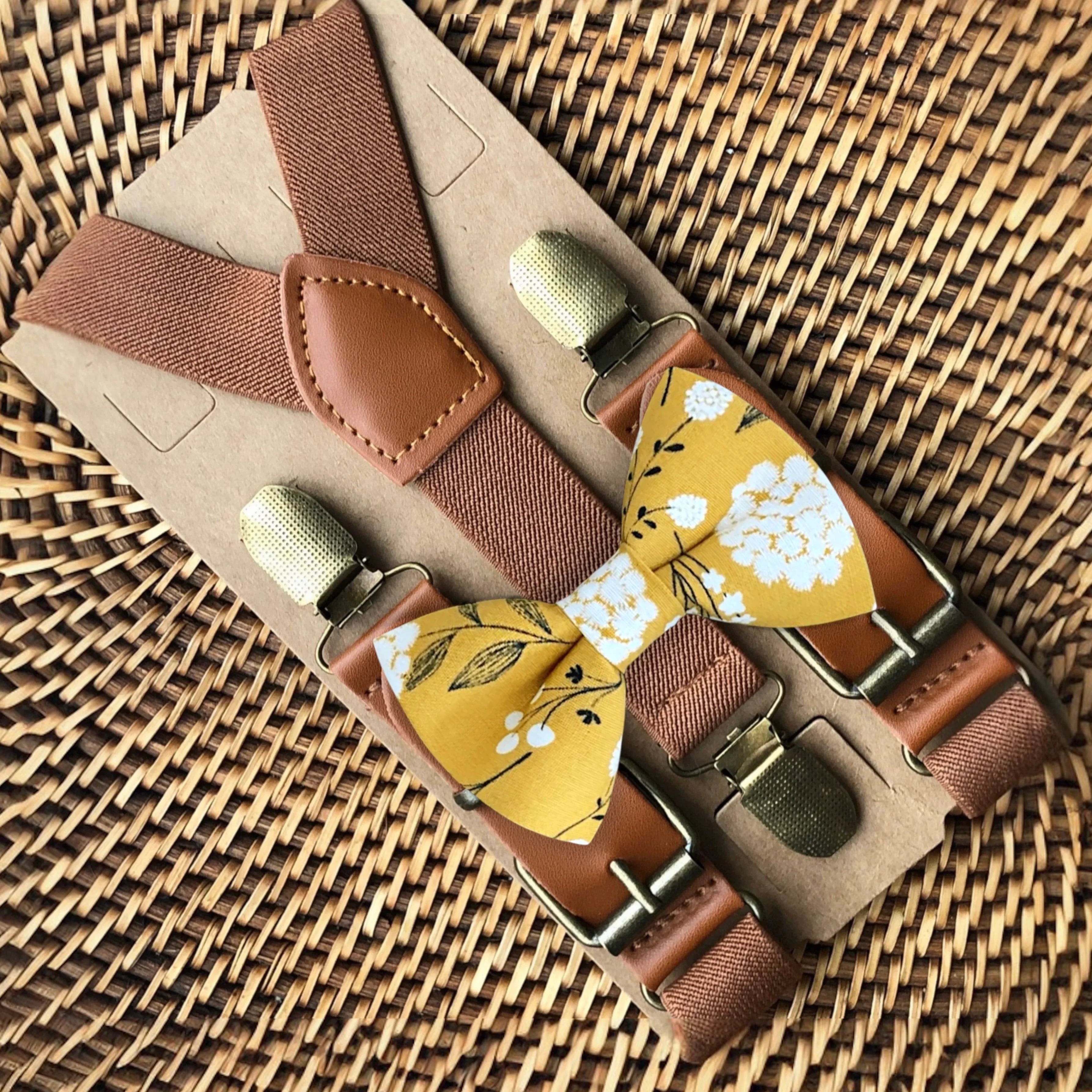 Yellow bow tie and suspenders for men boys and toddlers