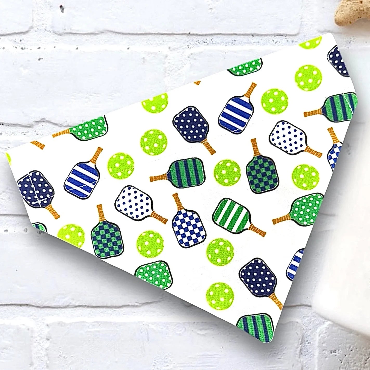 Green and White Pickleball Dog Bandana that slides on to your dog’s existing dog collar.