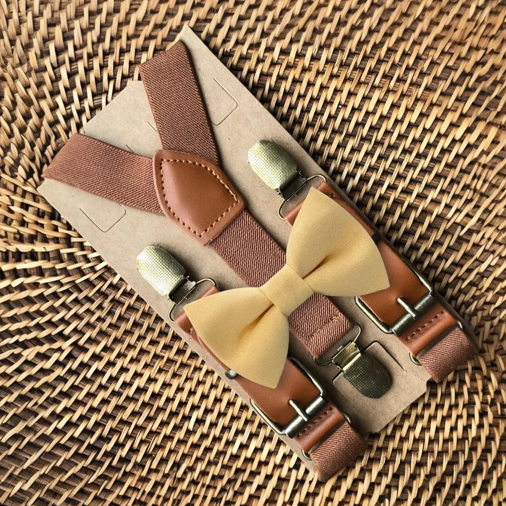 Size chart for suspender and bow tie sets from The Bold Bow Tie. X-Small (6mo-4yr): 15"-23" suspenders, 3.5" bow. Small (5-9yr): 18"-33" suspenders, 3.5" bow. Medium (10-12yr): 18"-33" suspenders, 4" bow. Adult (13yr-6'5"): 30"-53" suspenders, 4.5" bow. Big & Tall (Over 6'5"): 53"+ suspenders, 4.5" bow. Instructions note to measure from the back waistband over the shoulder to the front waistband for a comfortable fit.