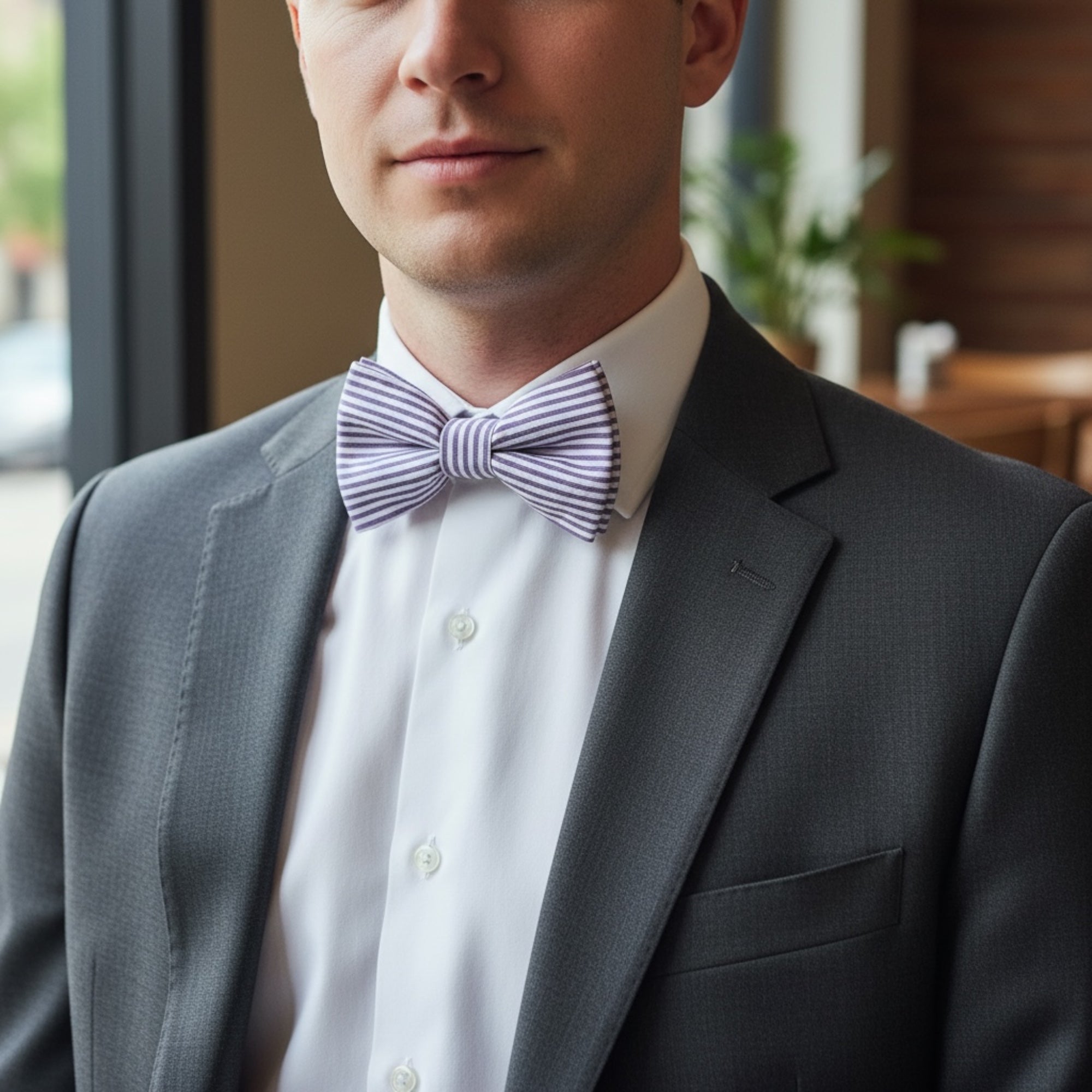 Man wearing a gray suit and seersucker purple bow tie indoors for Easter.