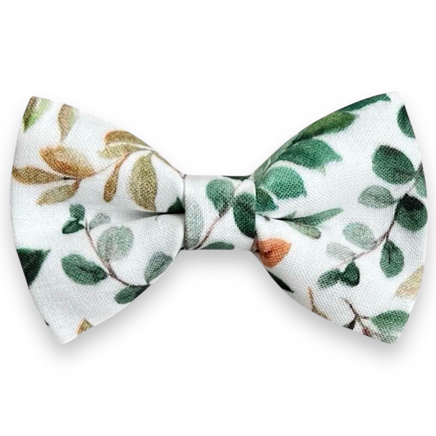 Sage green and gold Bow Tie with eucalyptus flowers.