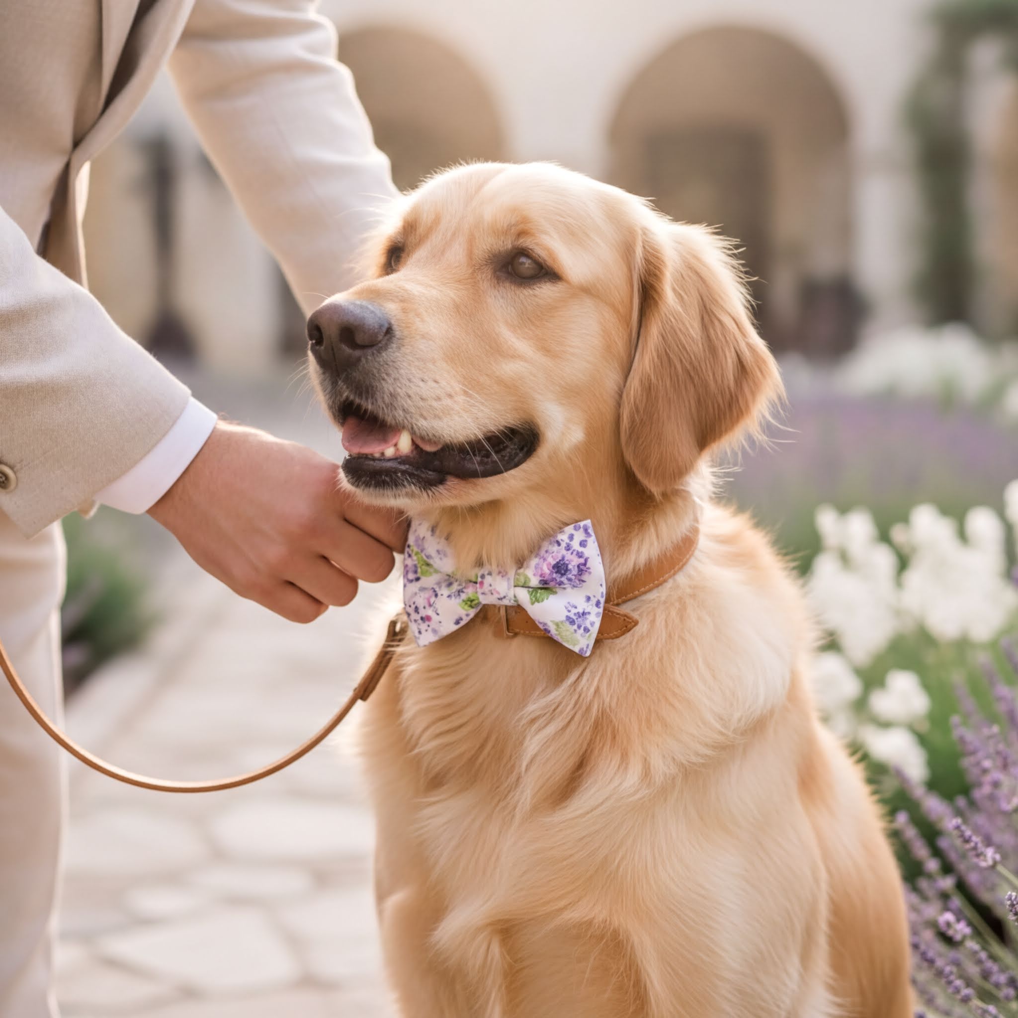 A golden retriever wearing a floral bow tie is being petted by a person in a light-colored suit.