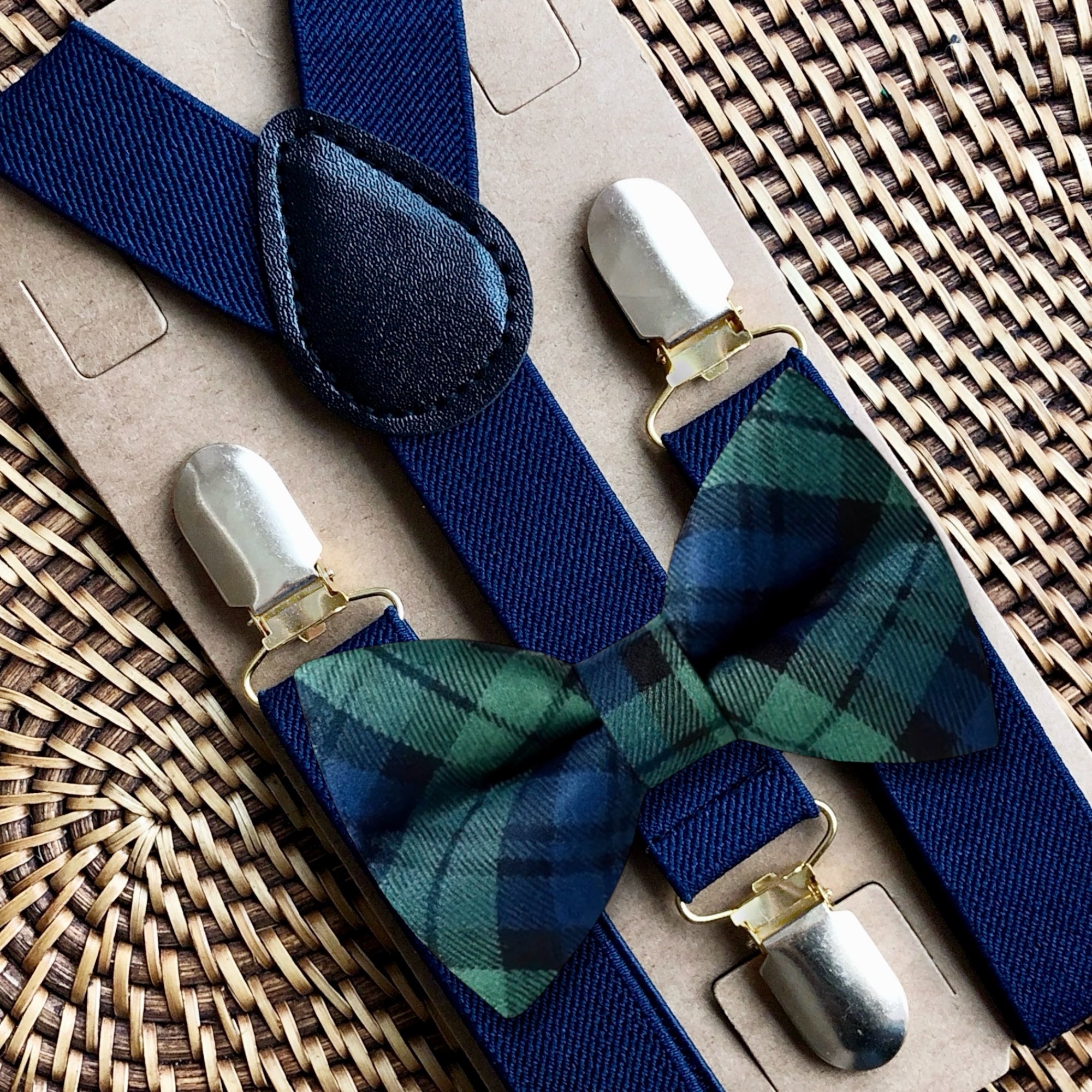 Navy Plaid Bow Tie & Navy Suspenders Set