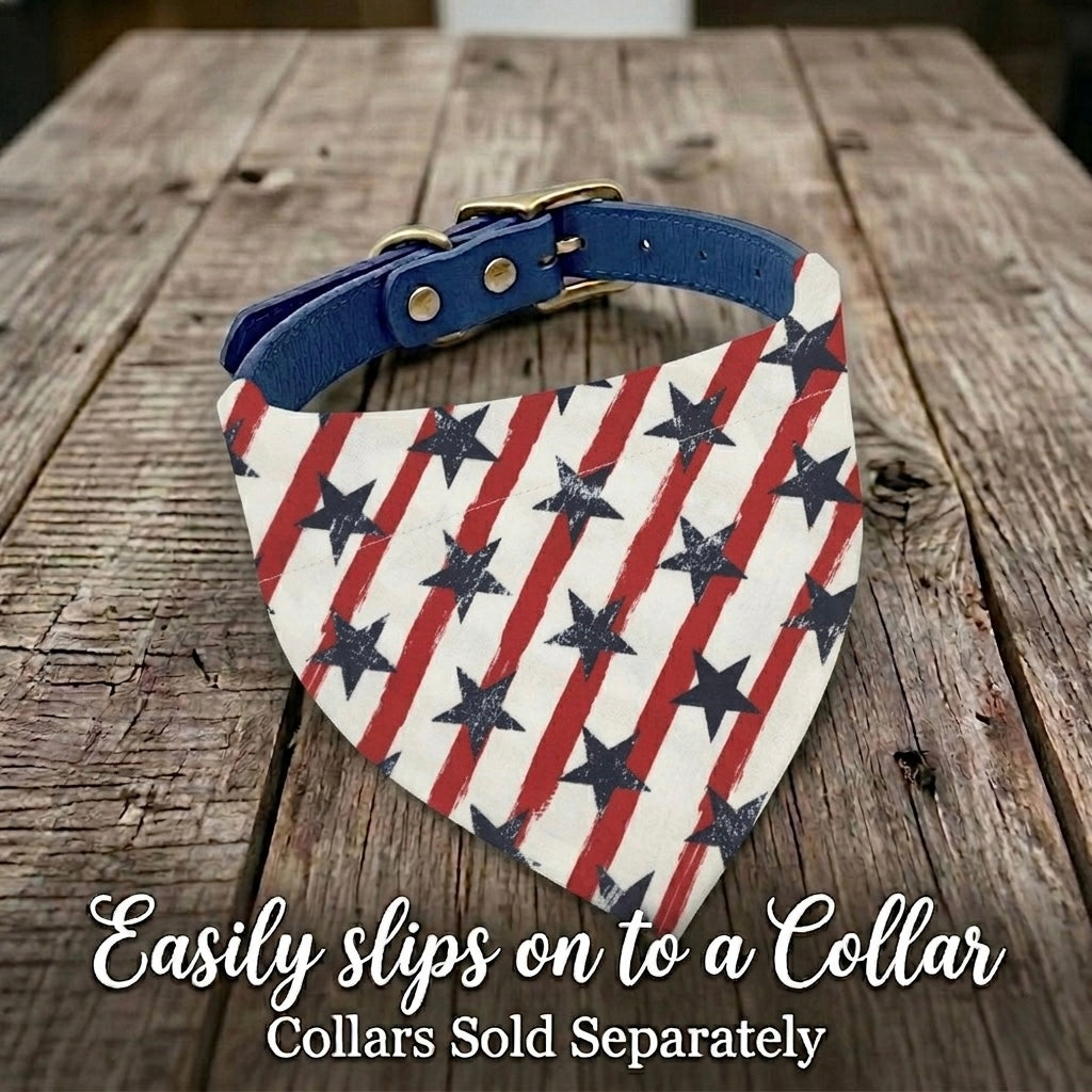 4h of July dog bandana in red white and blue with Stars and Stripes, collars sold separately.