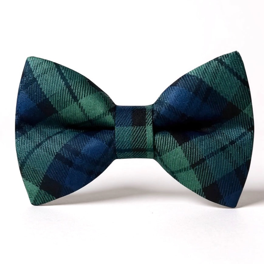 Christmas Green and blue plaid bow tie on a white background