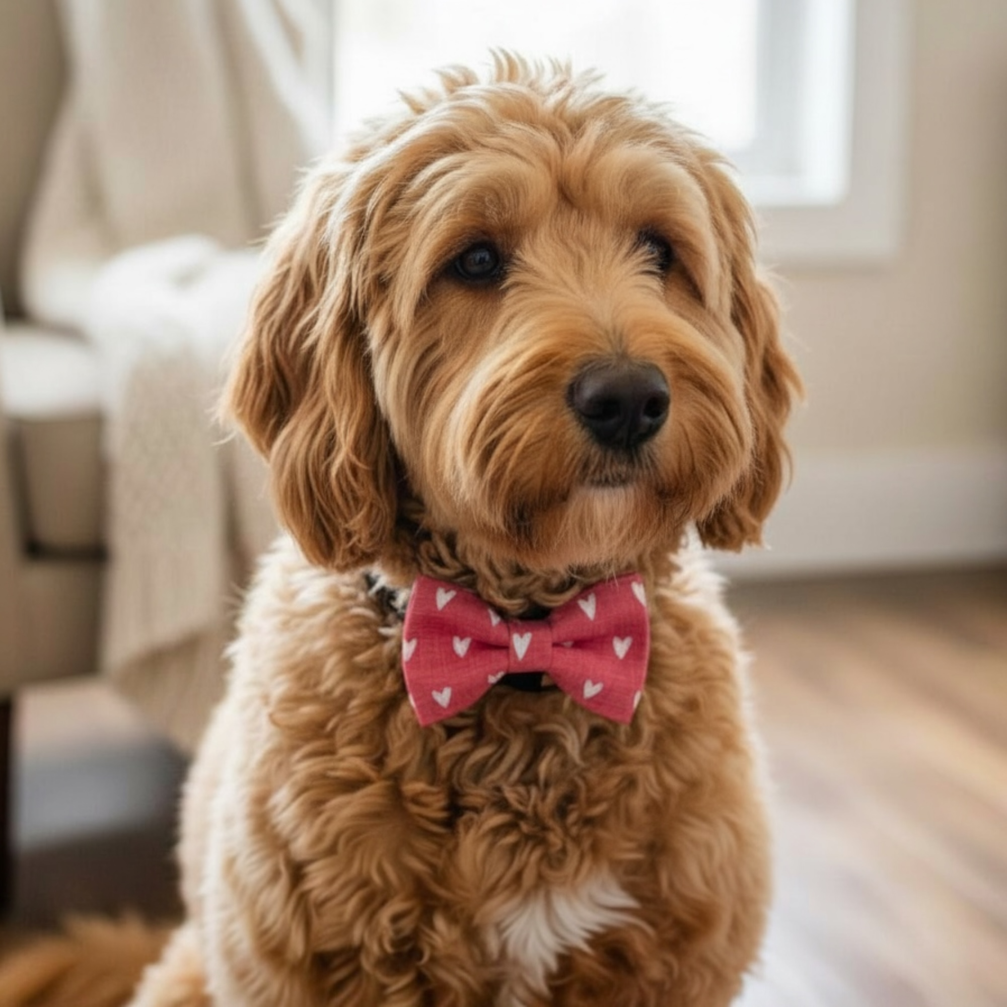 Brown dog wearing a pink and red heart bow tie with white heart patterns for Valentine’s Day.