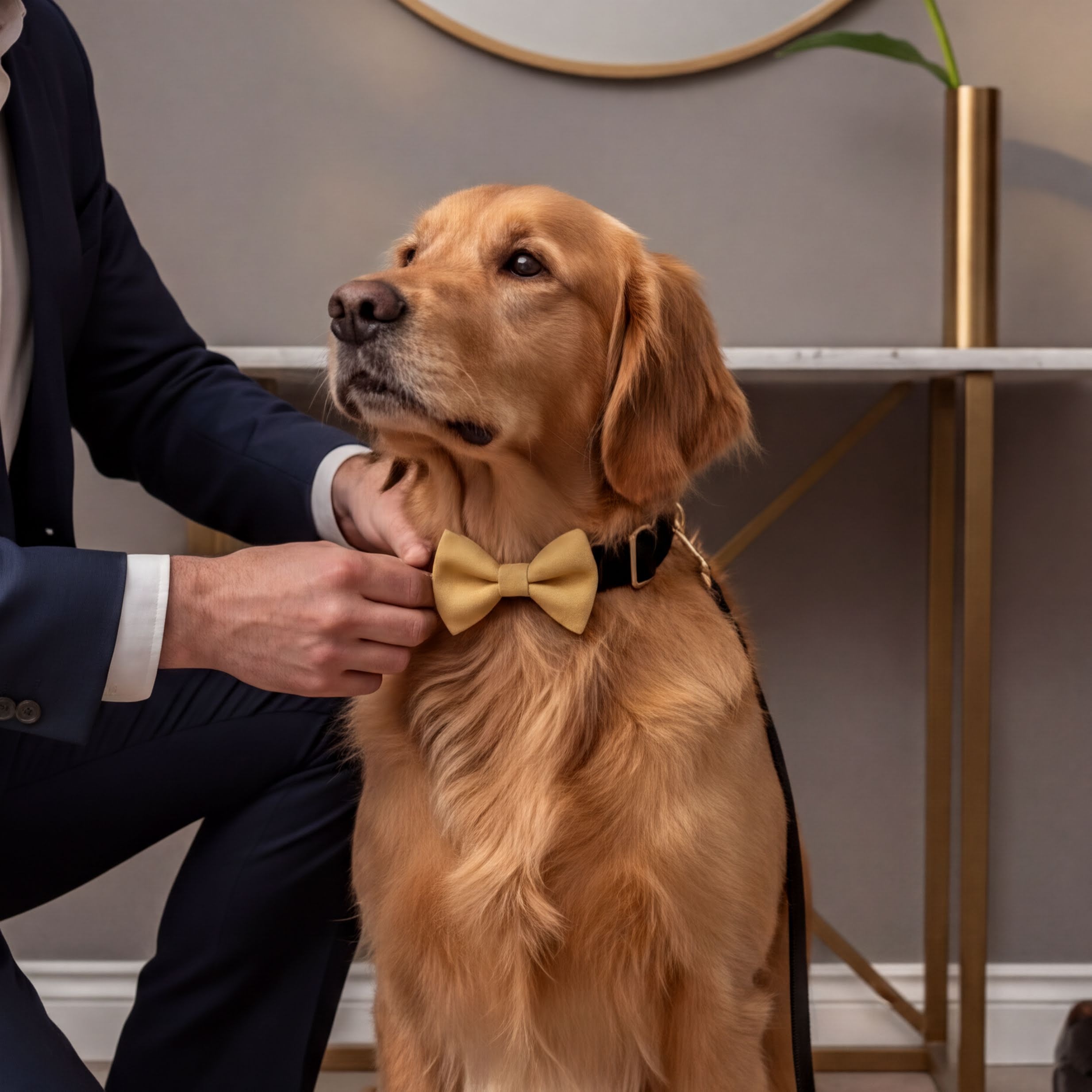 A man in a suit is adjusting a gold bow tie on a golden retriever dog.