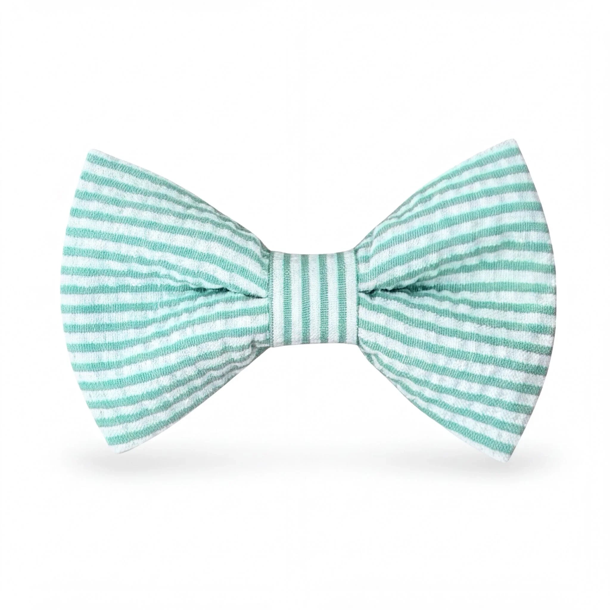 Aqua and white striped seersucker pre-tied bow tie for summer weddings.