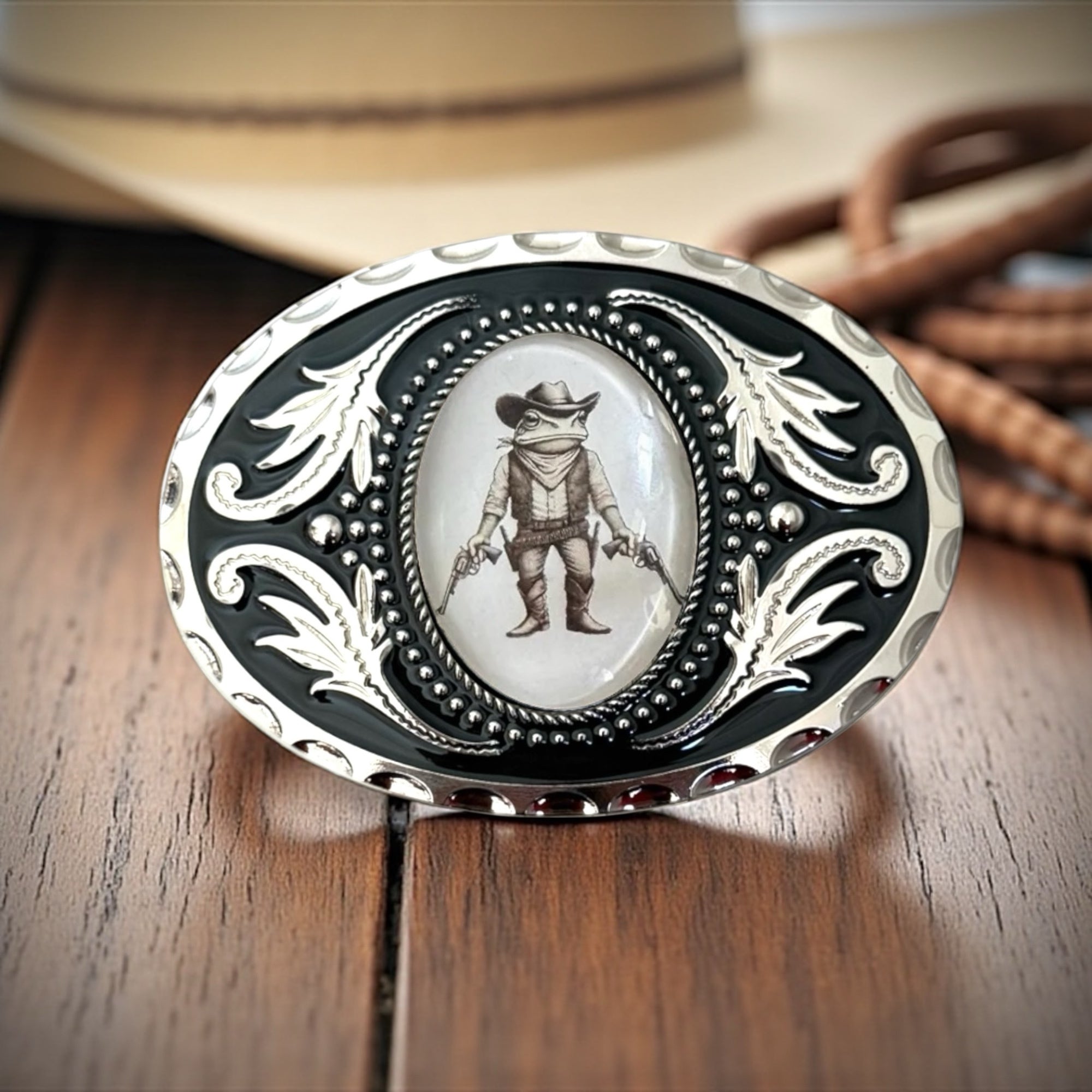 Custom Belt Buckle with Cowboy Frog, Western Accessory