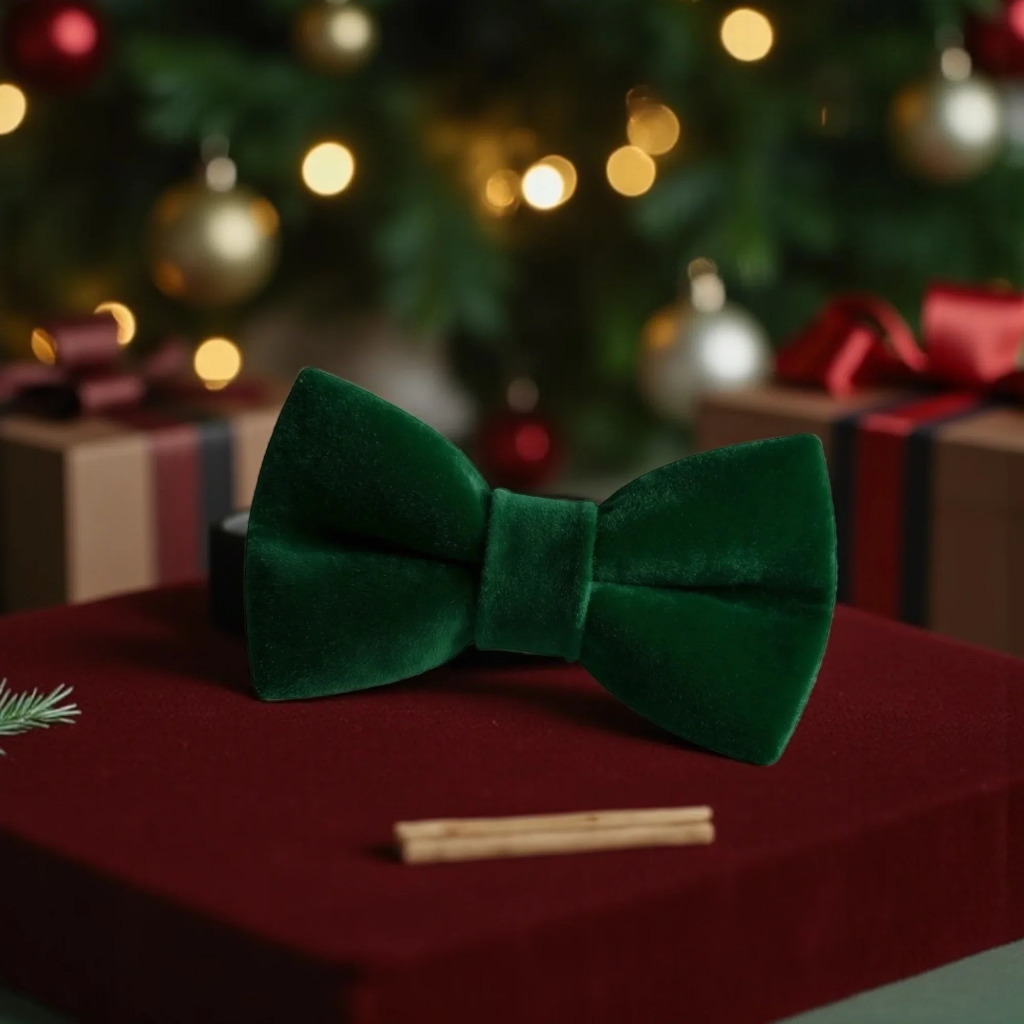 Green velvet bow tie for men and boys in front of a Christmas tree.