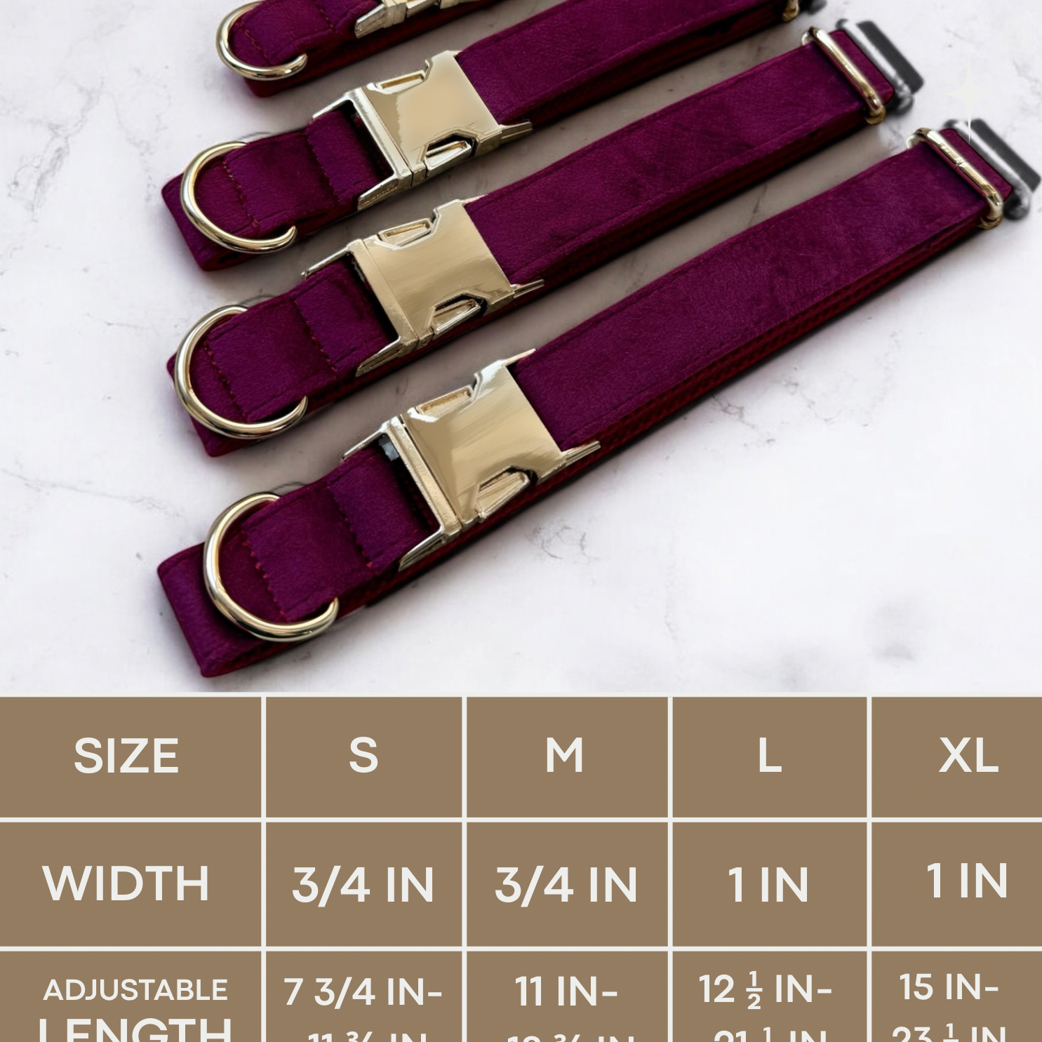 Set of burgundy dog collars with gold buckles and size chart on a white background