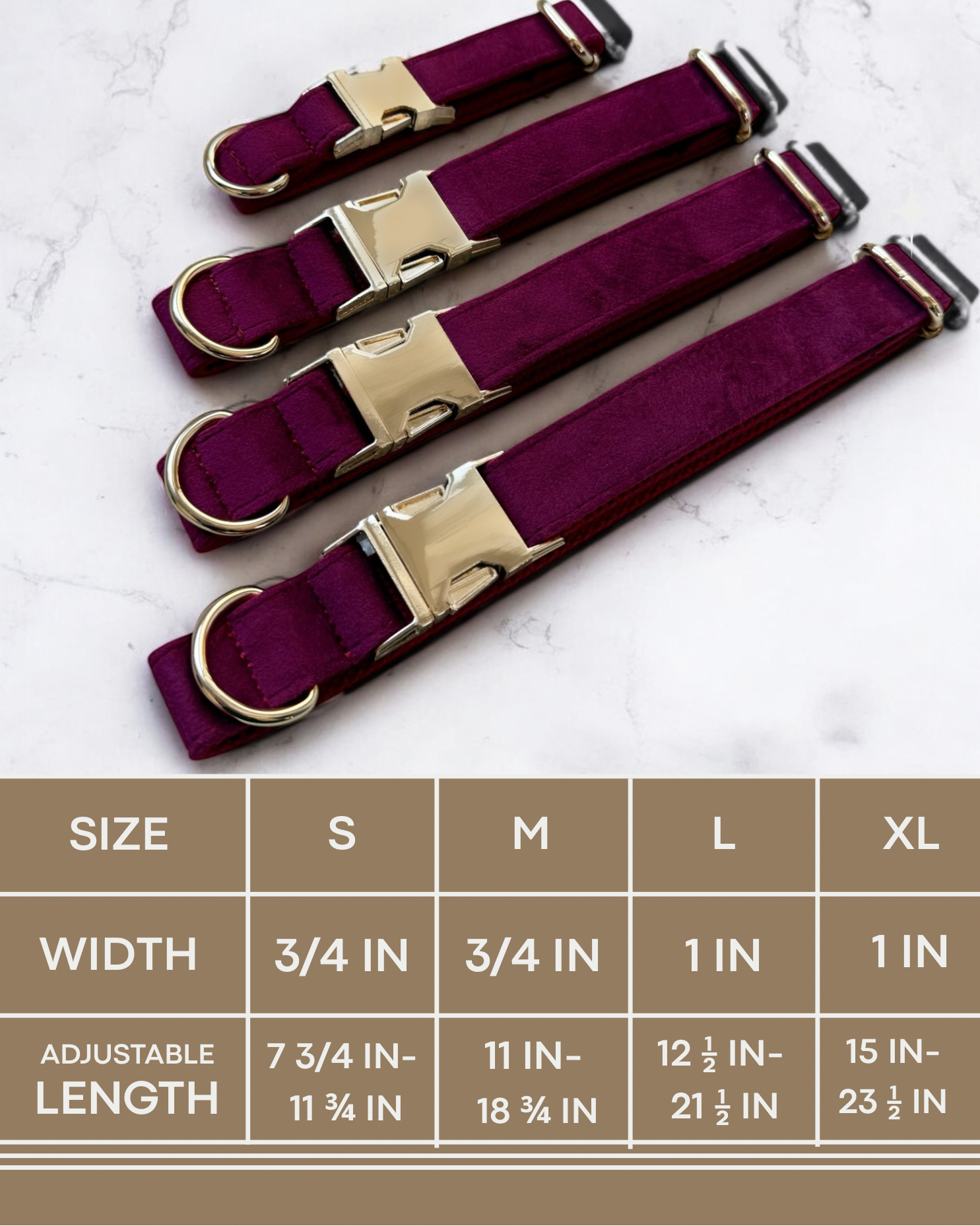 Set of burgundy dog collars with gold buckles and size chart on a white background