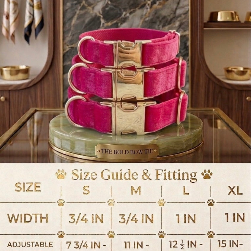 Velvet dog collars with gold buckle hardware arranged above a sizing chart. The chart details four sizes: Small has a width of 3/4 inch and an adjustable length of 7 3/4 to 11 3/4 inches. Medium has a width of 3/4 inch and an adjustable length of 11 to 18 3/4 inches. Large has a width of 1 inch and an adjustable length of 12 1/2 to 21 1/2 inches. Extra Large has a width of 1 inch and an adjustable length of 15 to 23 1/2 inches