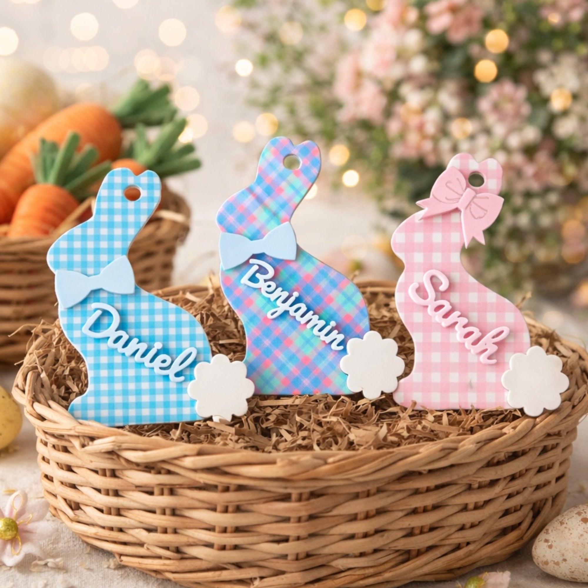 Customized acrylic Easter basket tags in pastel pink with 3D white name lettering, to attached to a basket handle with a luxury white cotton ribbon