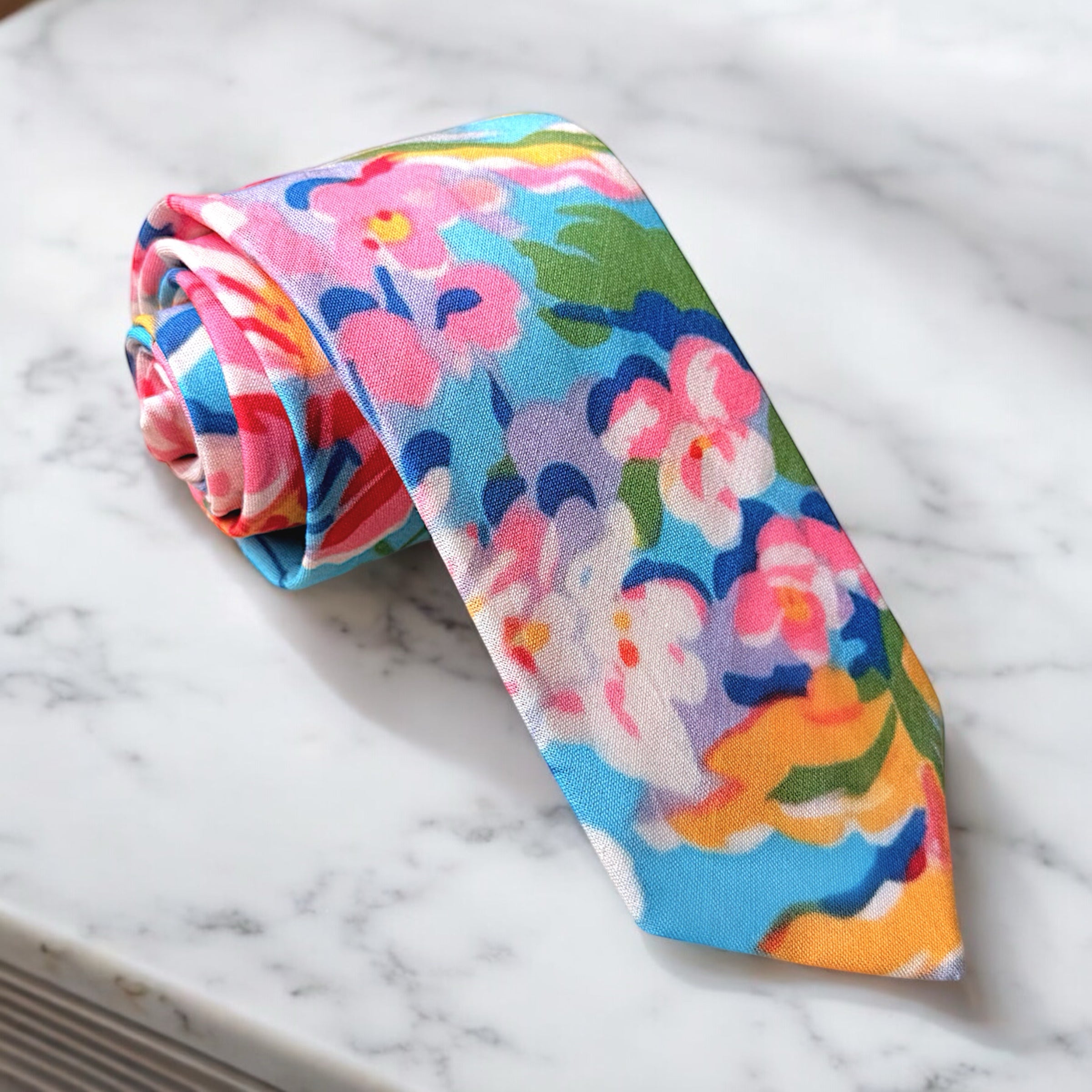 Blue pink and yellow men’s tie for wedding.