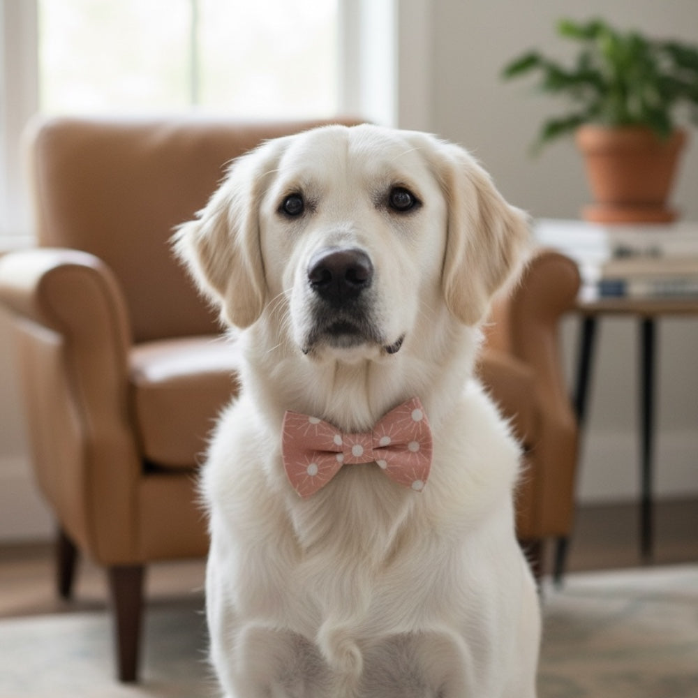 White dog wearing a pink boho dog bow tie indoors