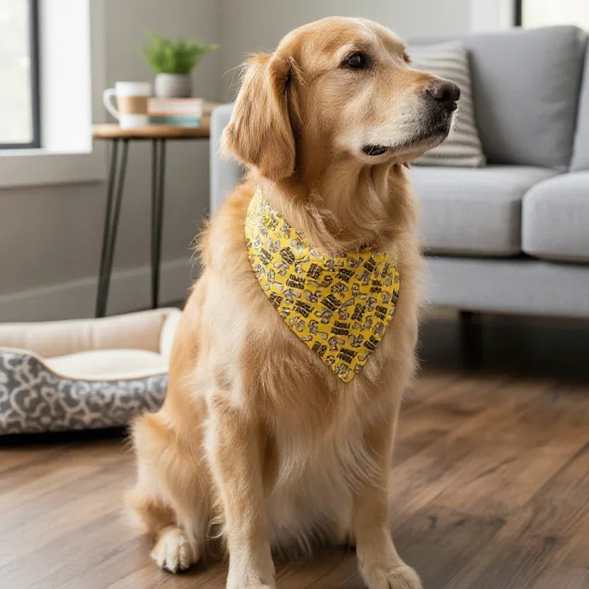 Dog bandana with squirrels in yellow worn by a dog in a living room.