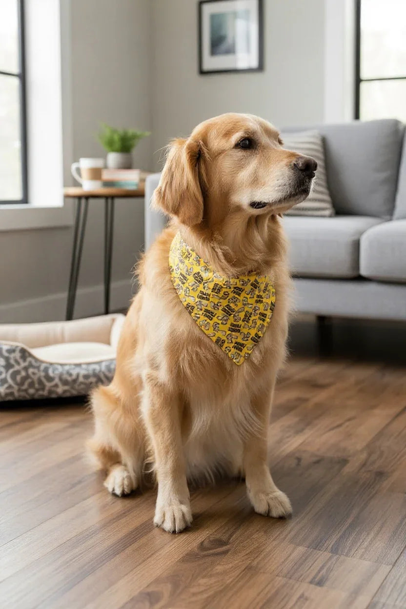 Dog bandana with squirrels in yellow worn by a dog in a living room.