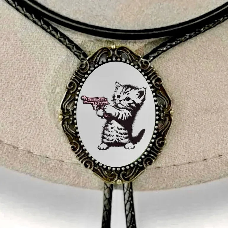 Cat with a Gun Bolo tie for men groomsmen and wedding.