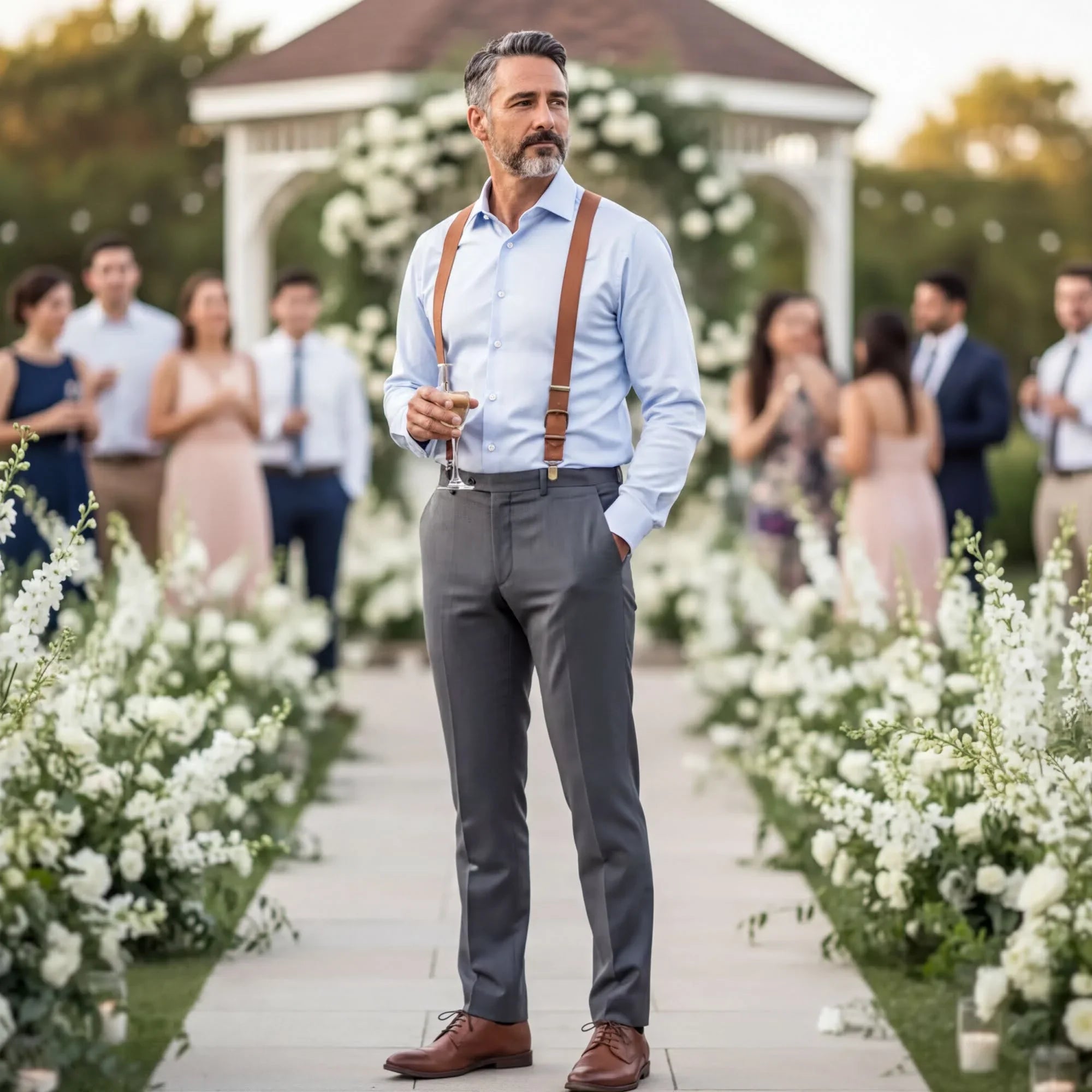Groomsman suspenders worn by a wedding party member, standing in a garden path lined with white flowers and people in the background.
