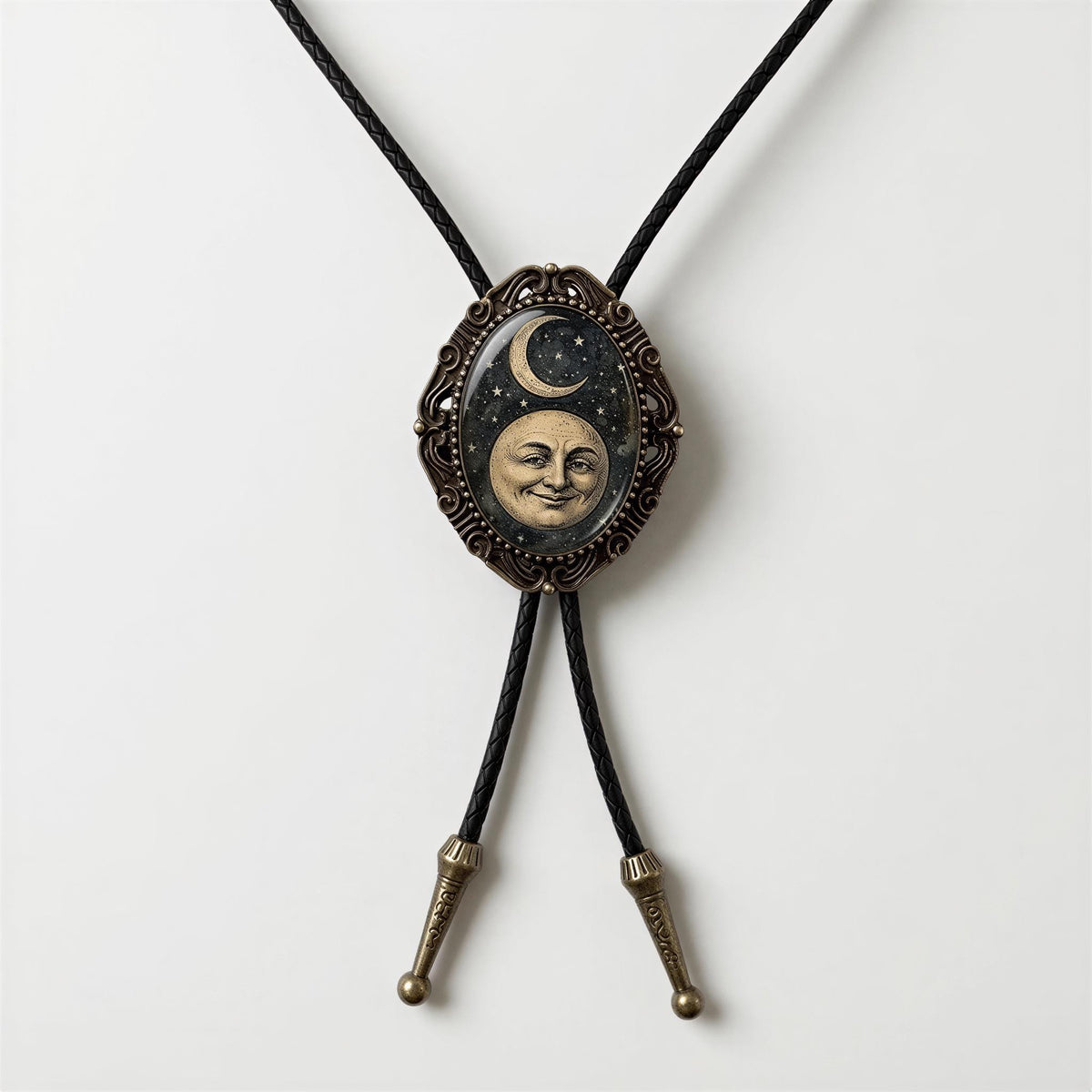 A decorative necklace with a pendant featuring a moon and crescent symbol, possibly representing the moon and the crescent moon.