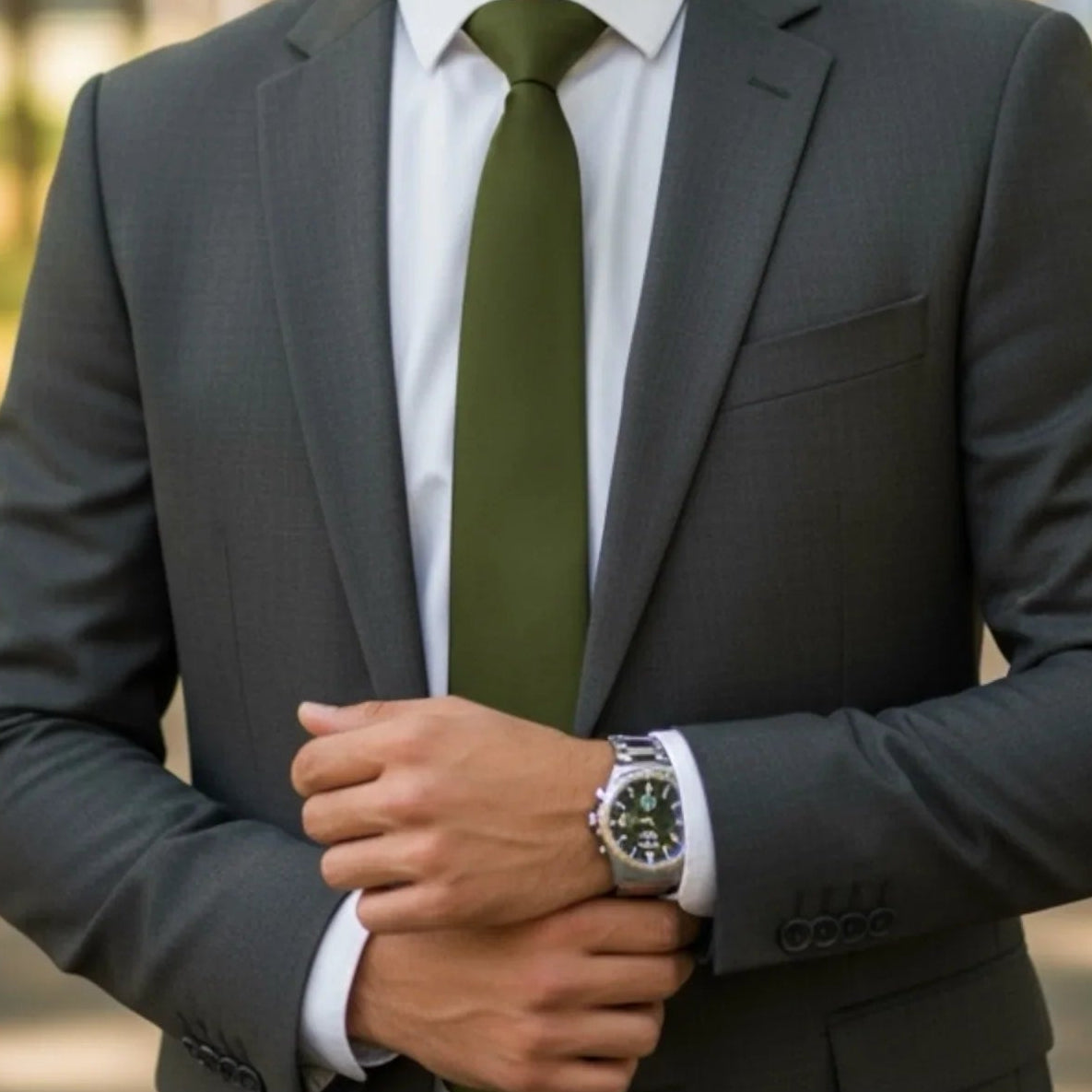Groomsman at a wedding wearing an olive men’s tie.