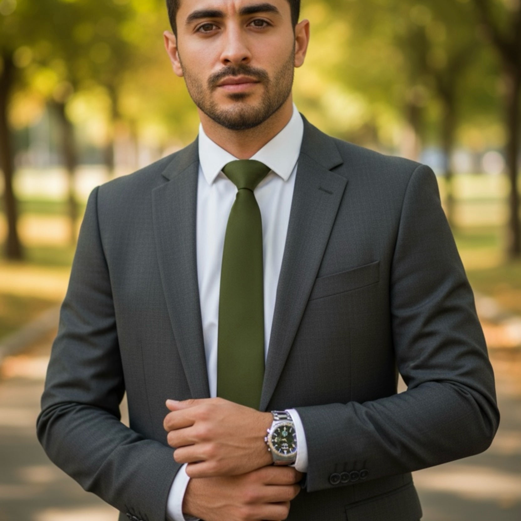 Groomsman at a wedding wearing an olive men’s tie.