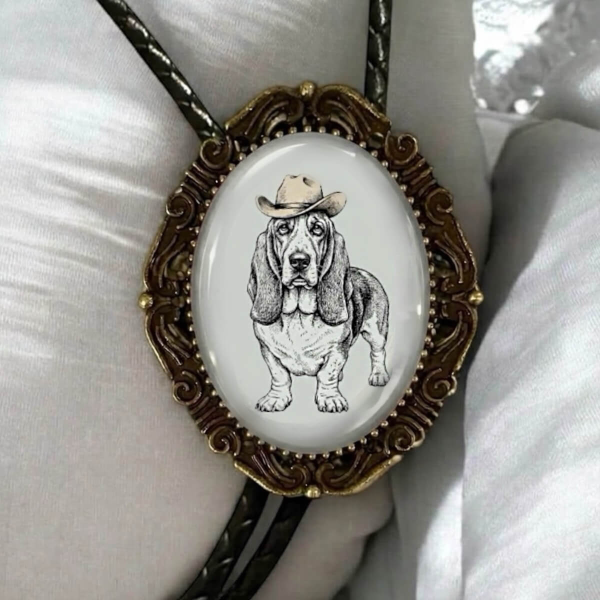 Men's bolo tie with dog with black leather cord, handmade in the USA.