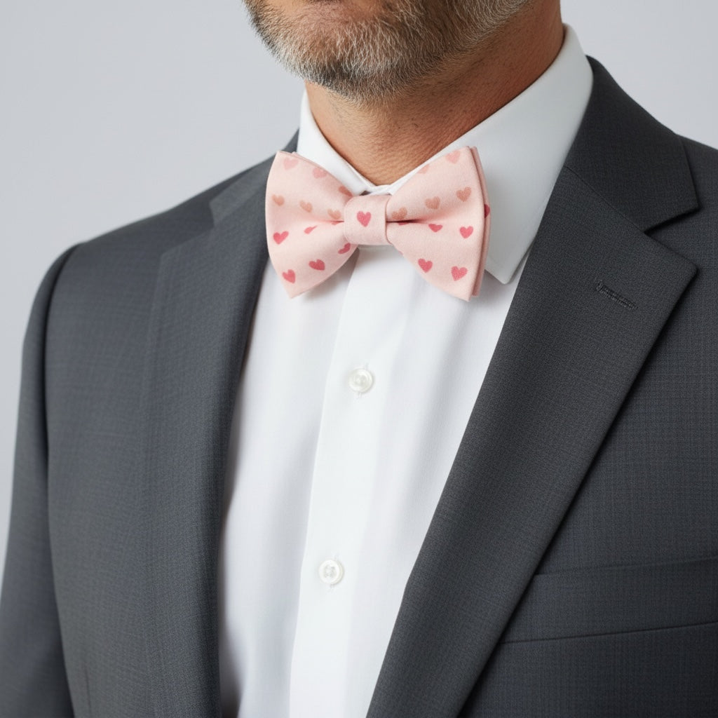 Valentines Day bow tie worn by a man in a suit.