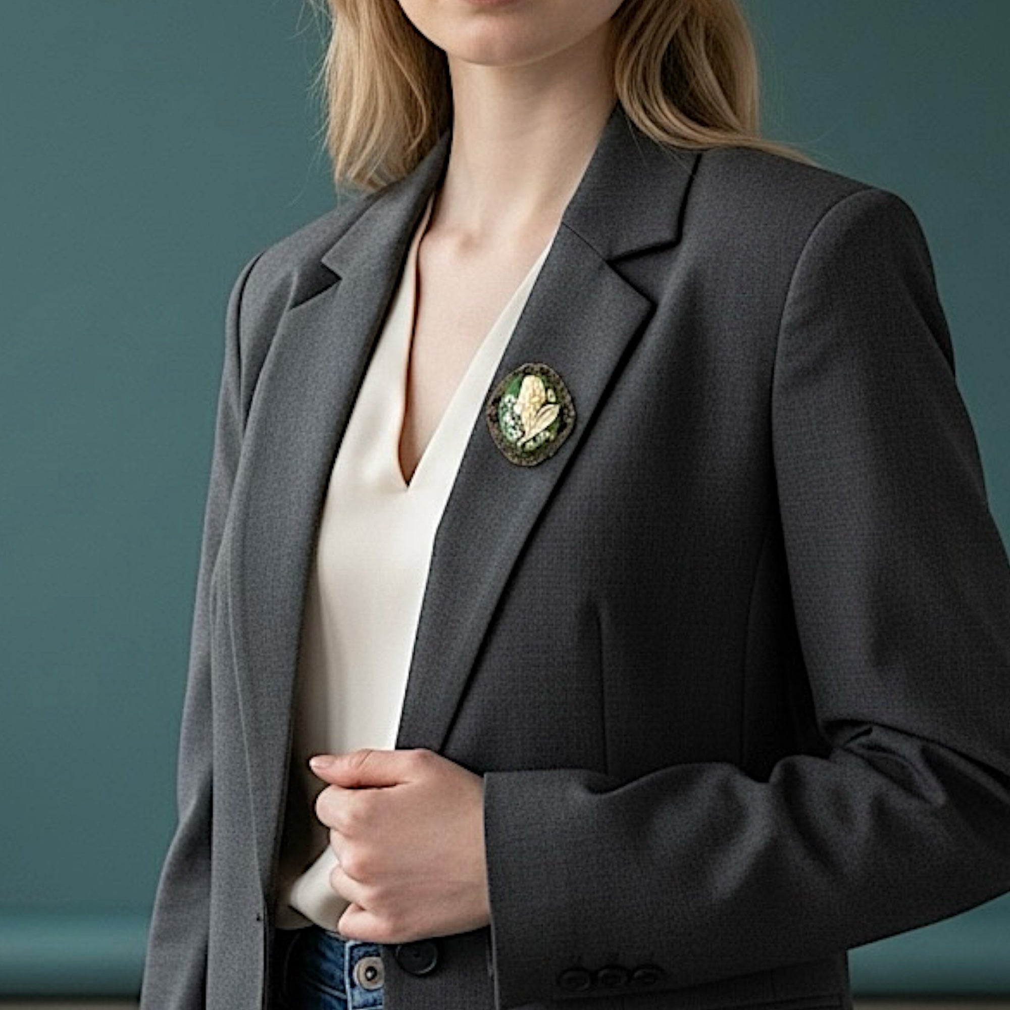 Person wearing a gray blazer with a decorative green lily of the valley brooch