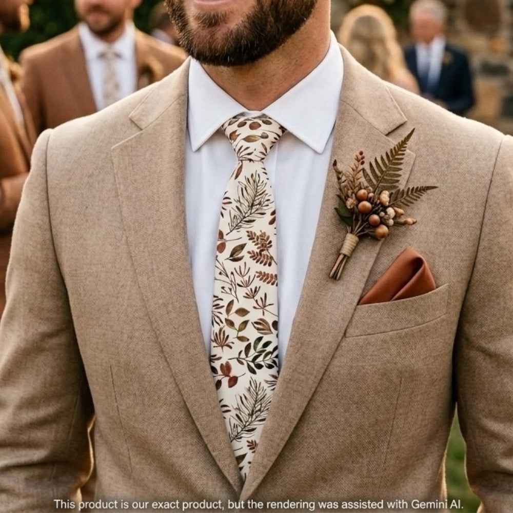 Wedding groomsman wearing an autumn floral tie to a fall wedding.