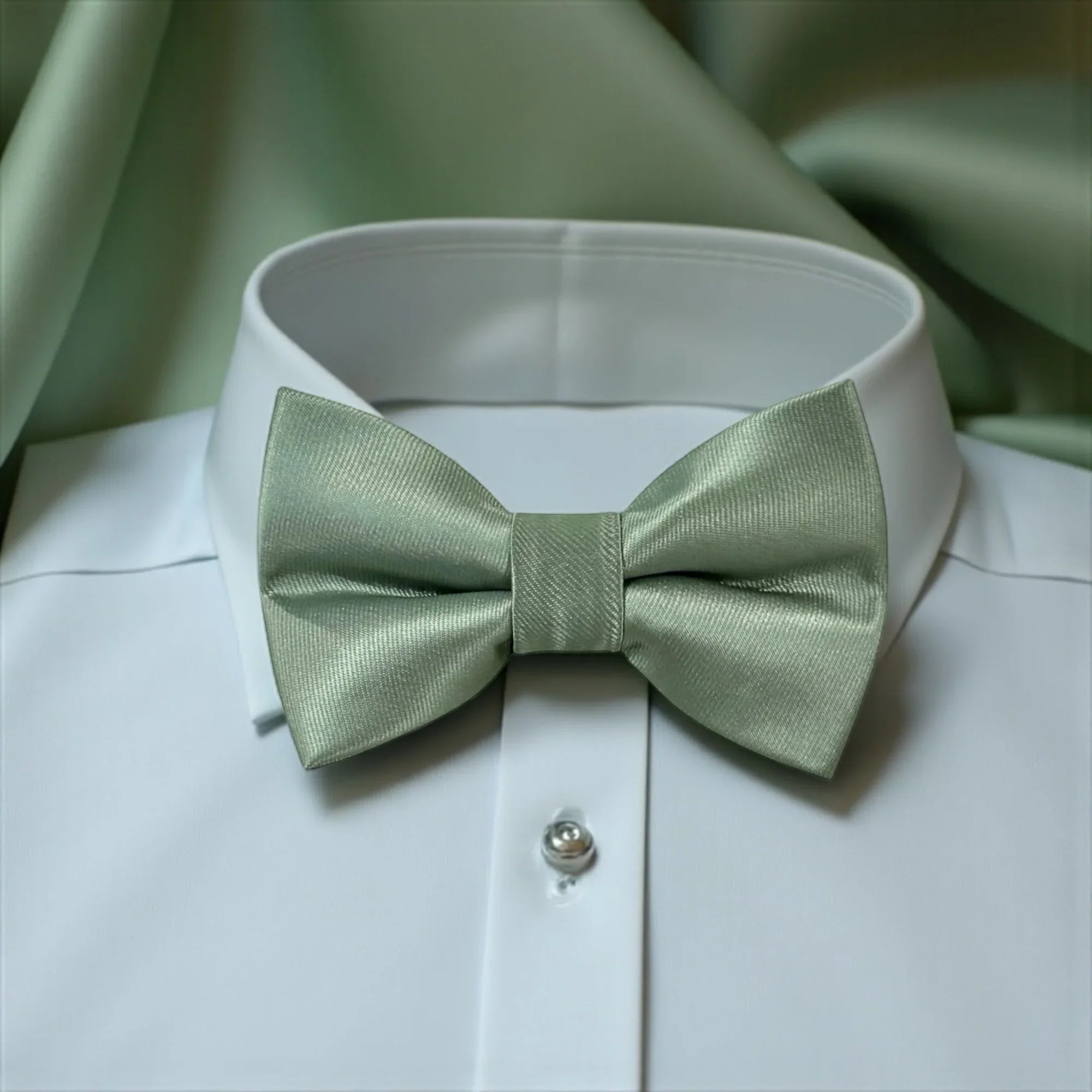 Green bow tie in Sage on a white collared shirt for men.