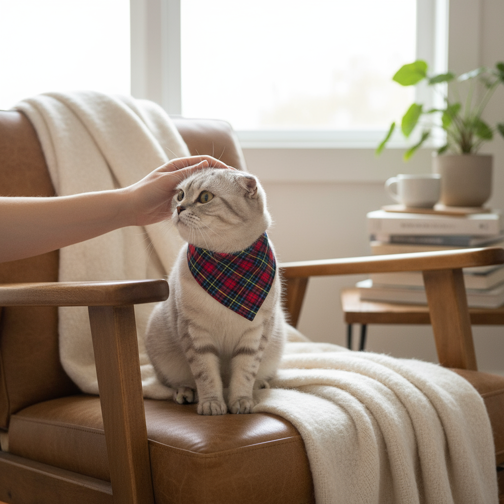 Cat wearing a plaid Christmas bandana sitting on a brown chair with a person petting it, in a cozy room.