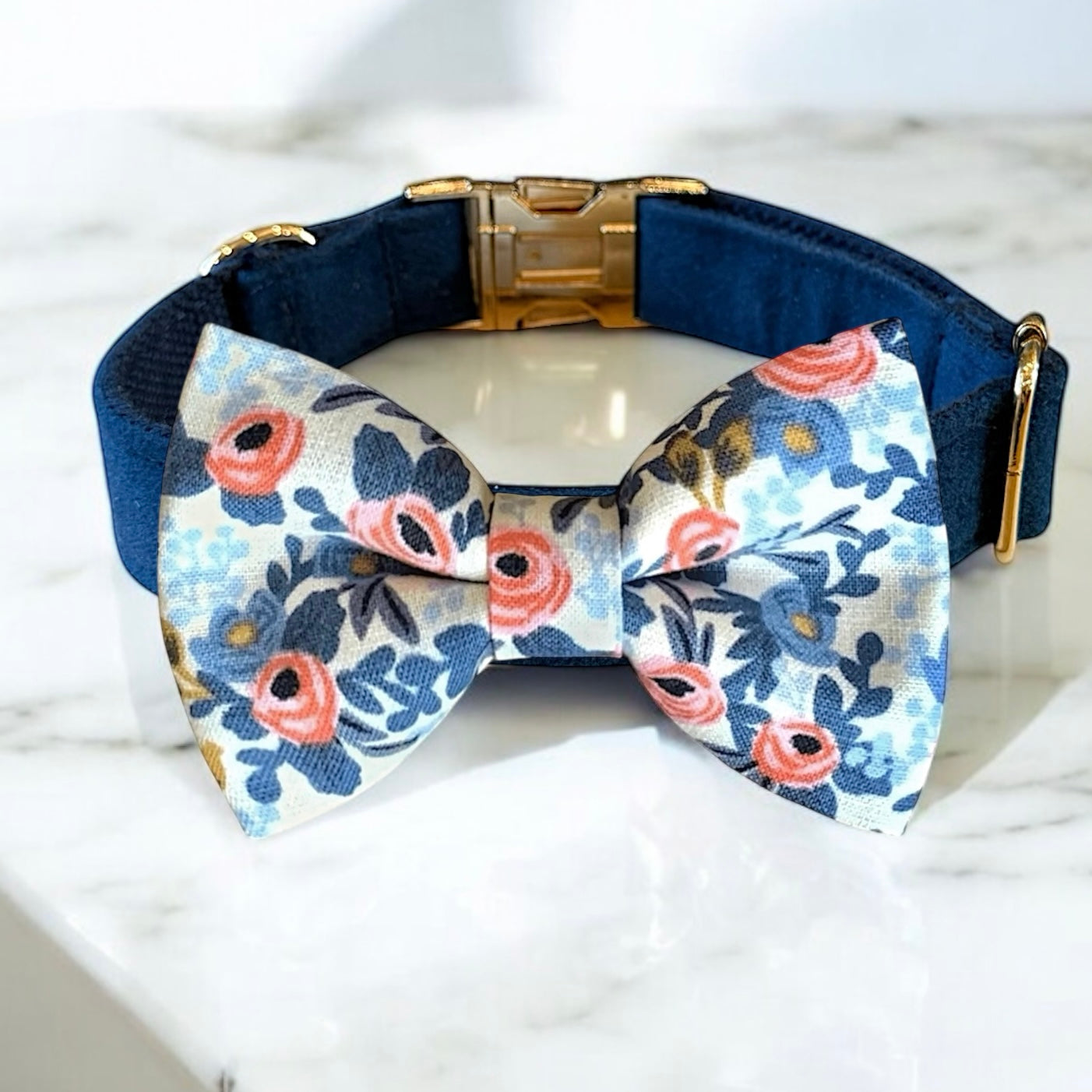Rifle Paper Co Fabric White Floral Bow Tie Navy Dog Collar- perfect for wedding dog collar
