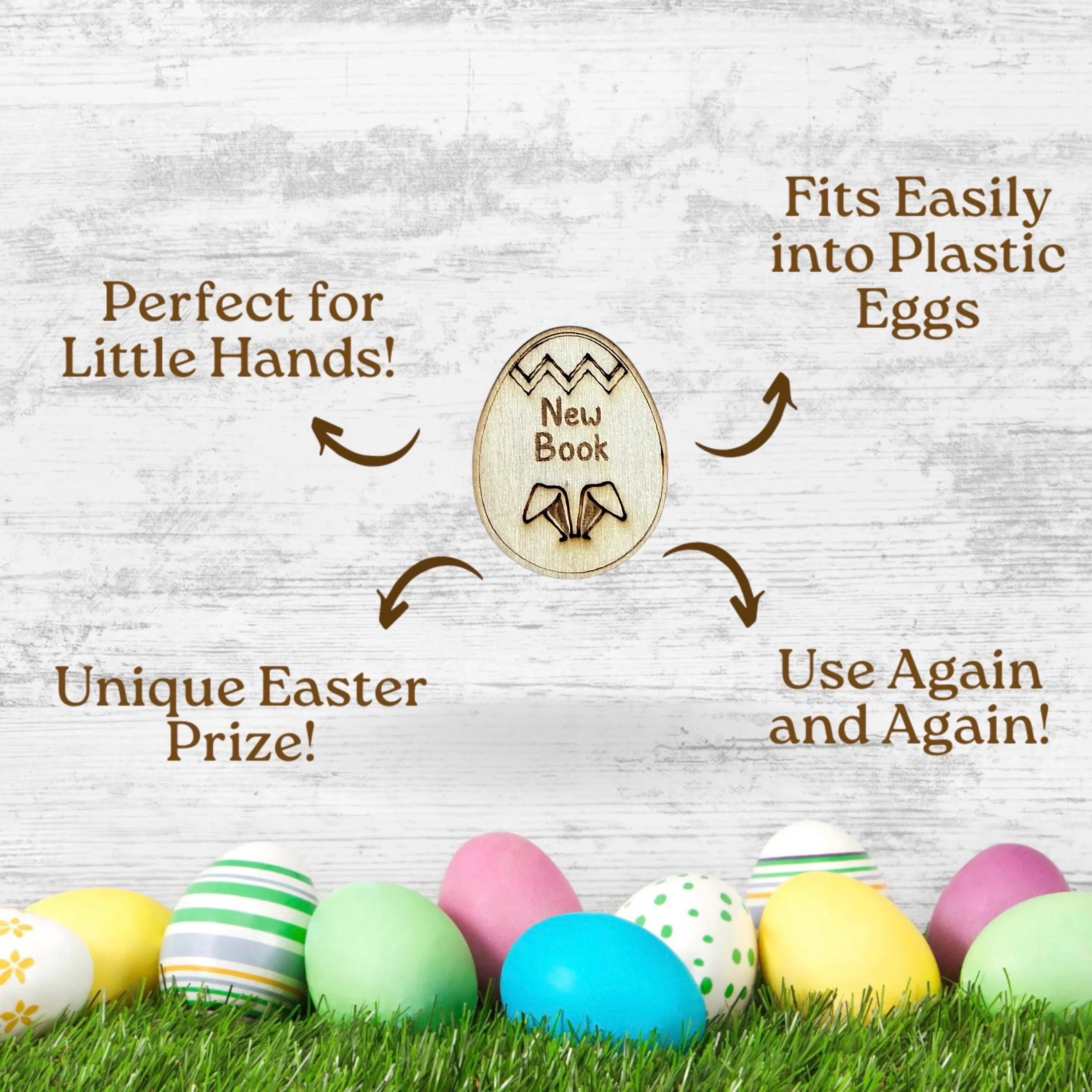 Promotional image of Easter prize tokens with various labels beside real Easter eggs on a white wooden background