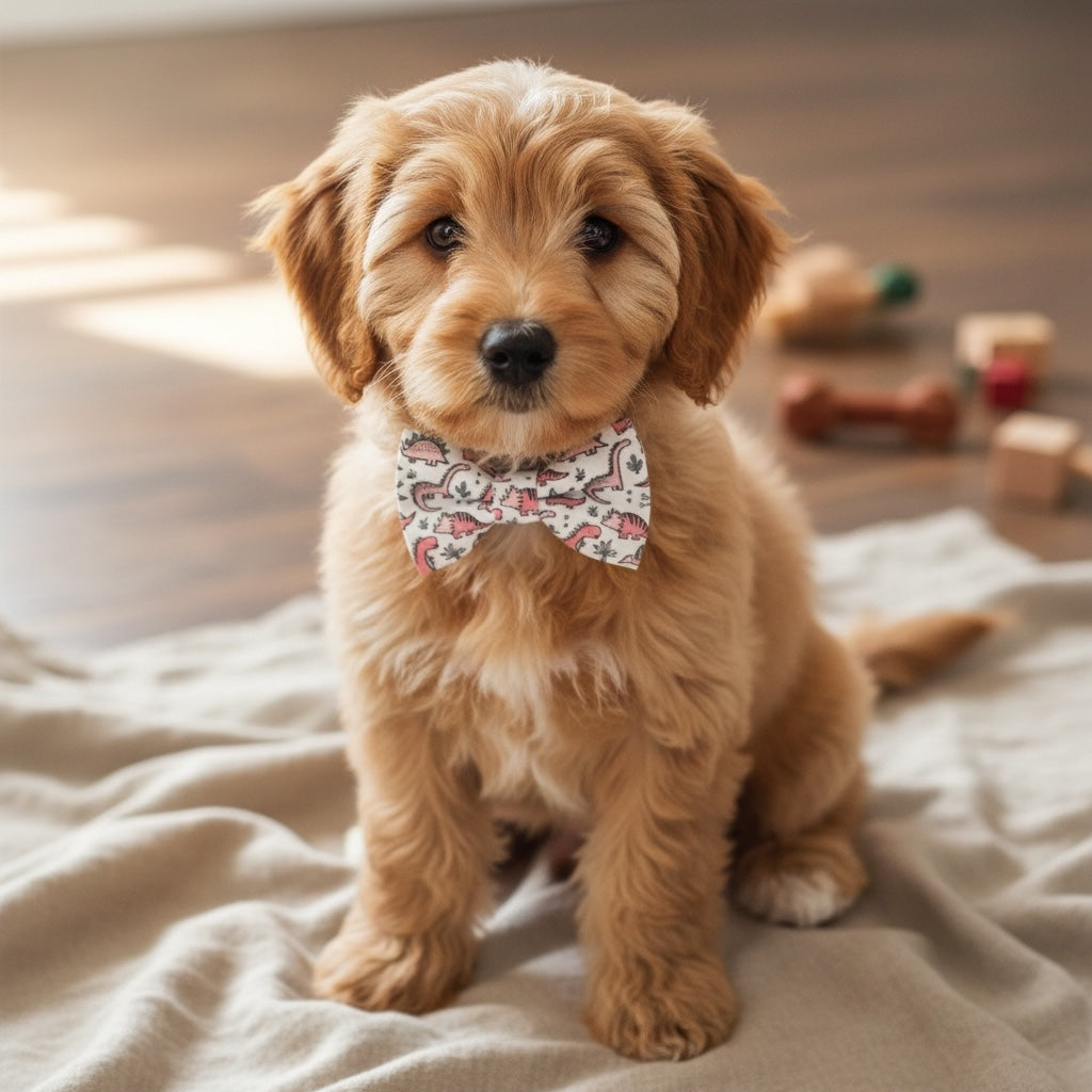 Puppy wearing a pink dinosaur dog bow tie on a blanket with toys in the background