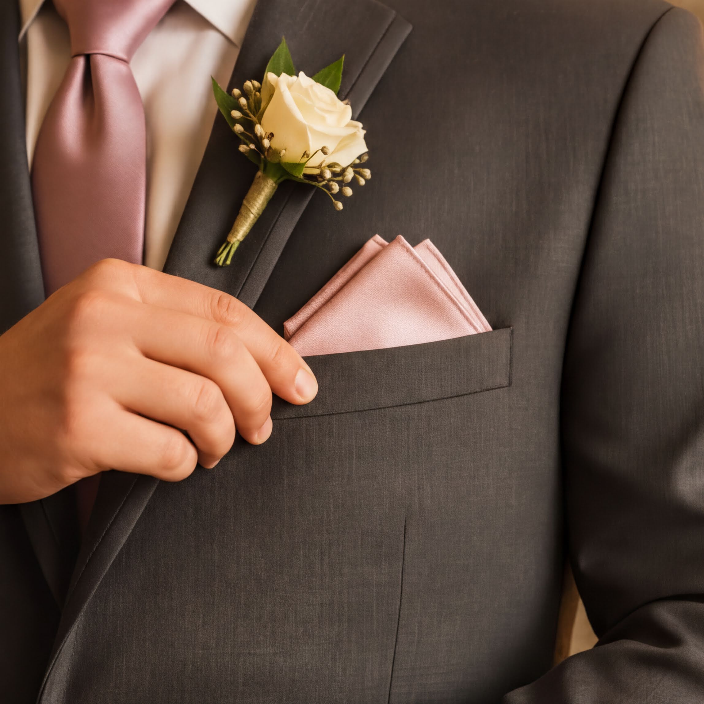 A close-up of a person's hand holding a pink napkin in a suit jacket pocket, with a boutonniere of a white rose and greenery attached.