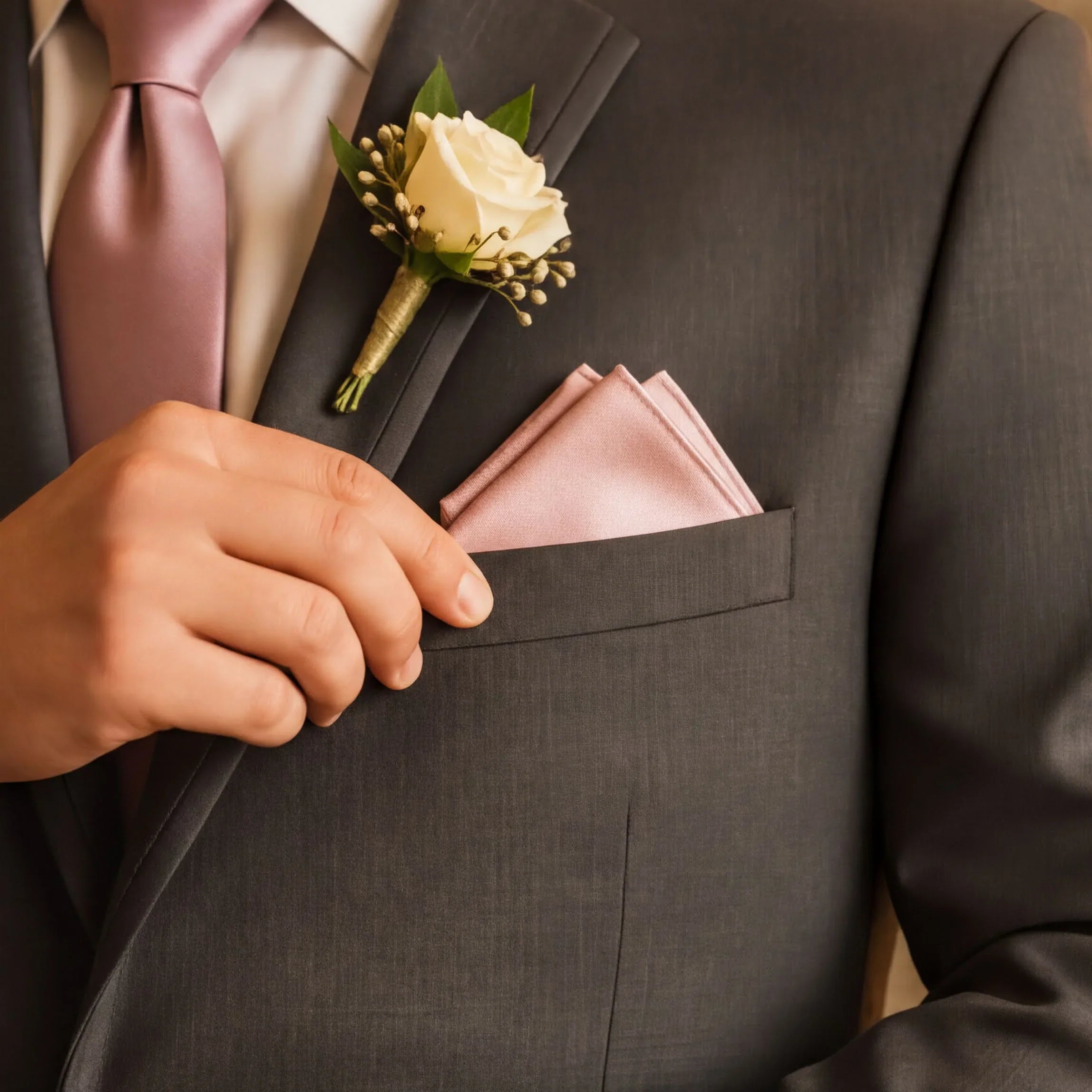 A close-up of a person's hand holding a pink napkin in a suit jacket pocket, with a boutonniere of a white rose and greenery attached.