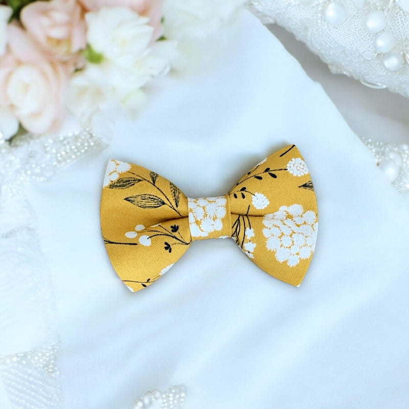 Mustard floral Bow Tie with white flowers for wedding, ring bearers and groomsmen.
