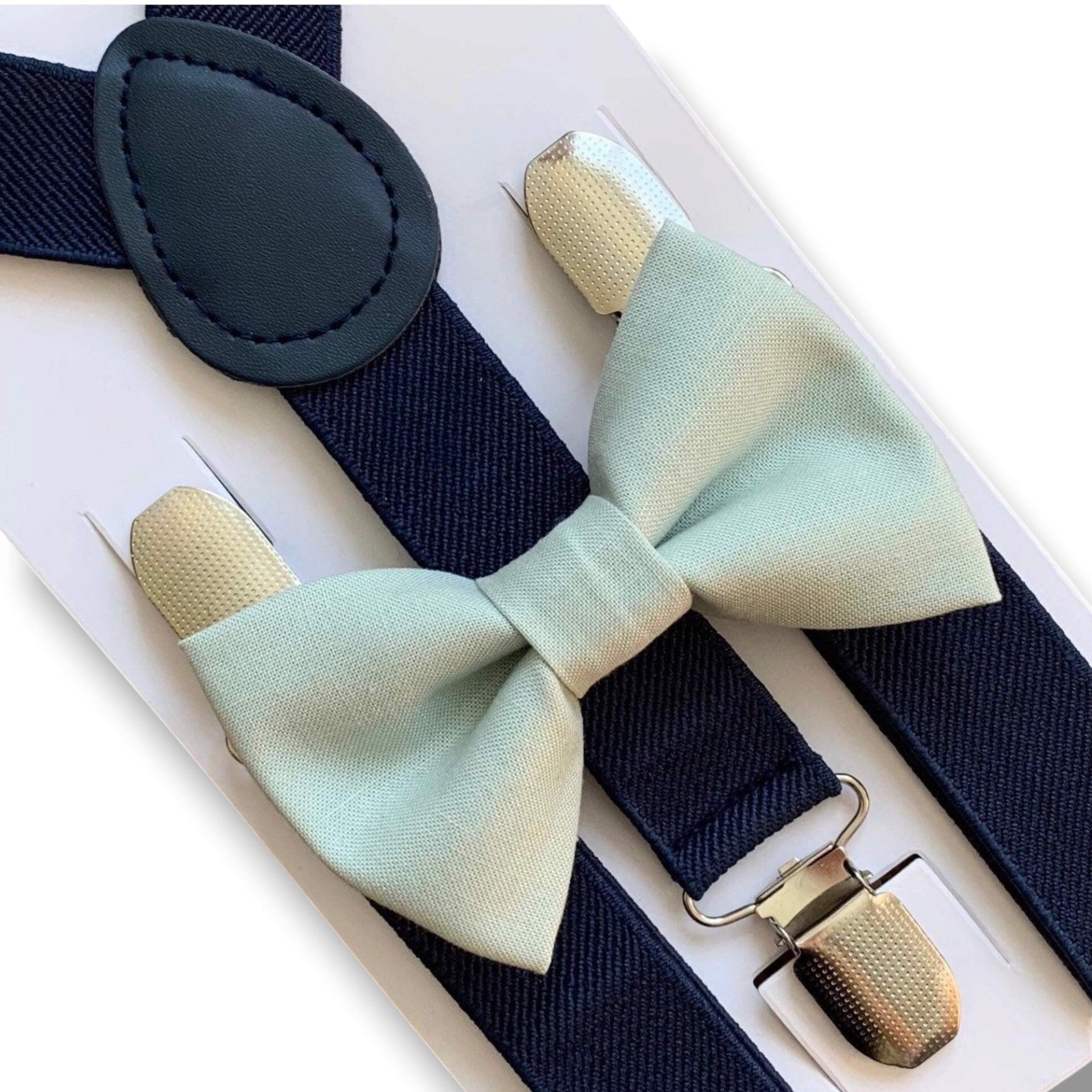 Sage bow tie and suspenders in navy
