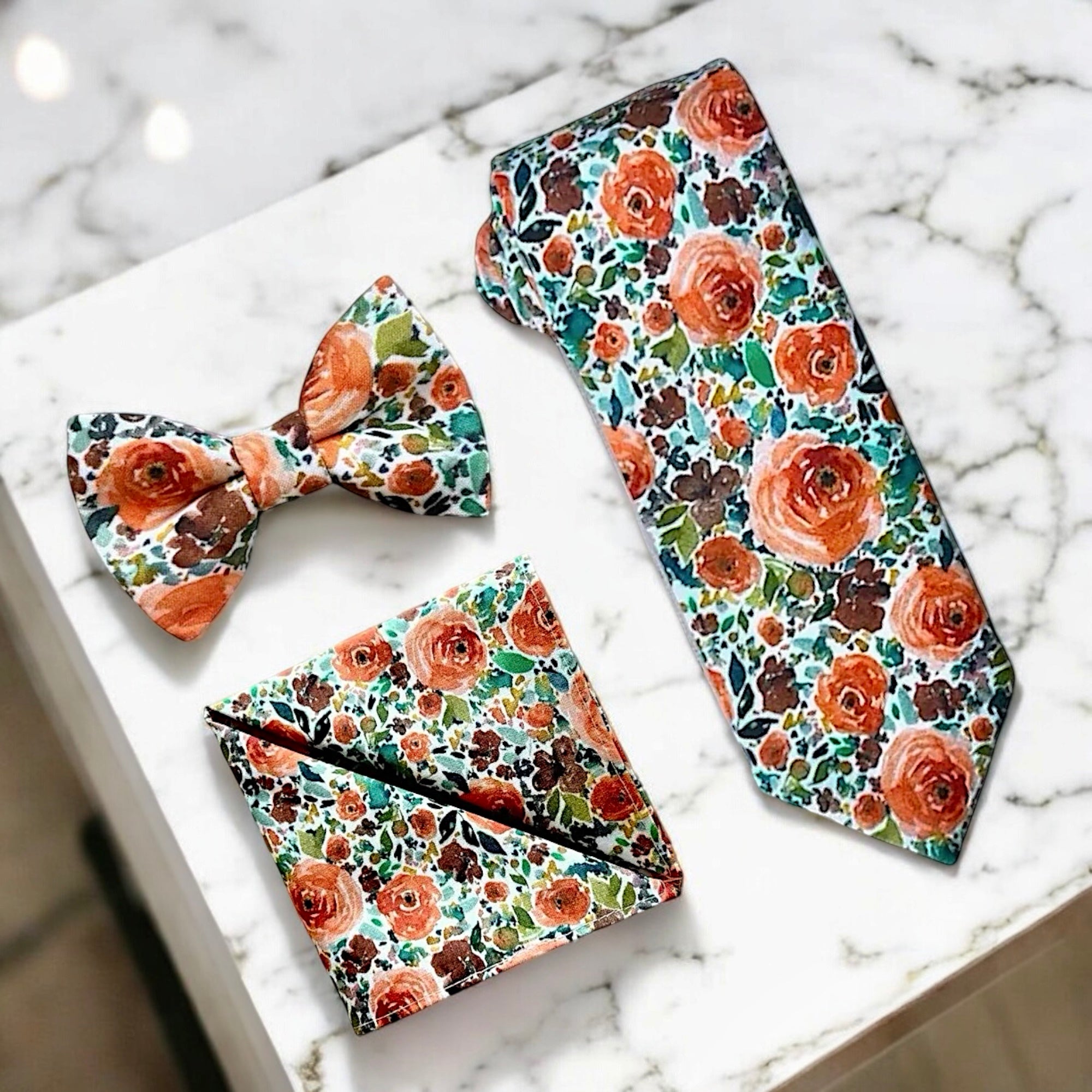 Sunset Floral Burnt Orange Men’s Tie Set for wedding